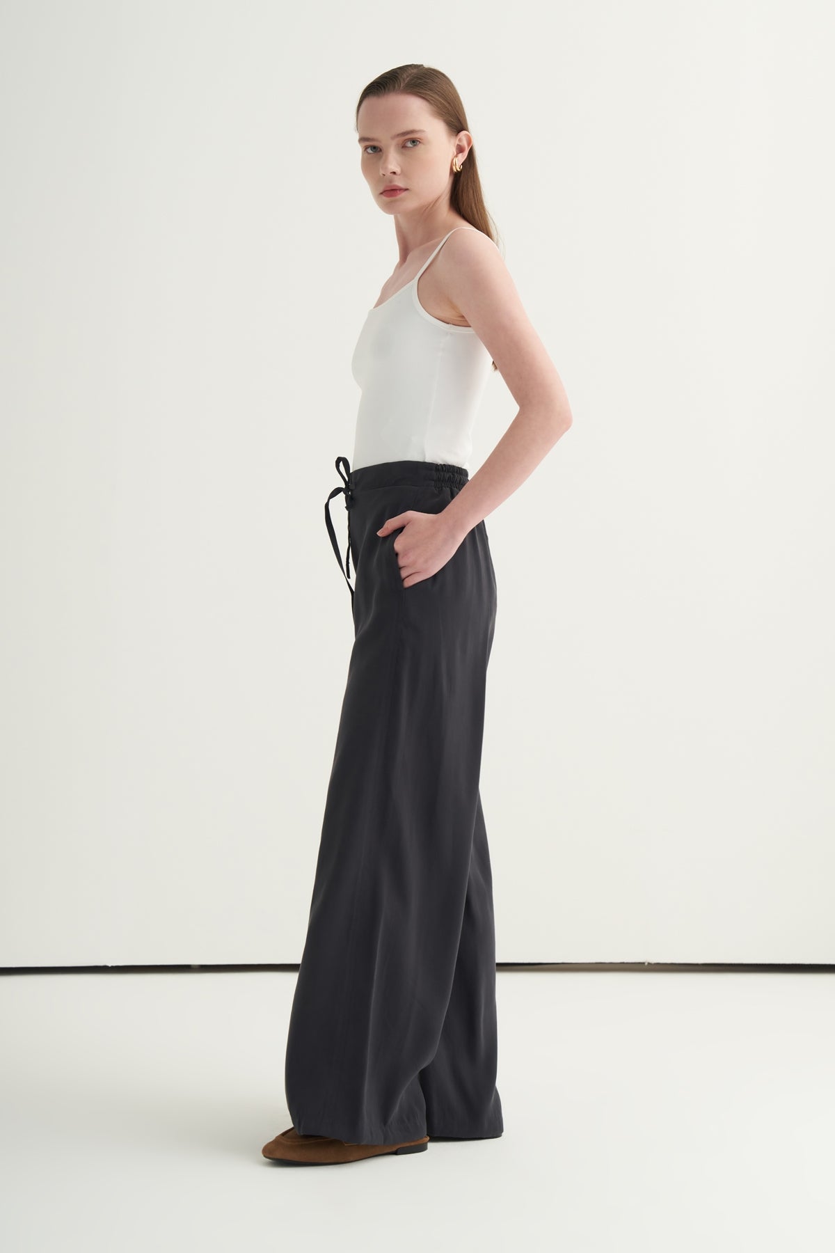 Kadın Modal Bağcıklı Palazzo Pantolon Füme