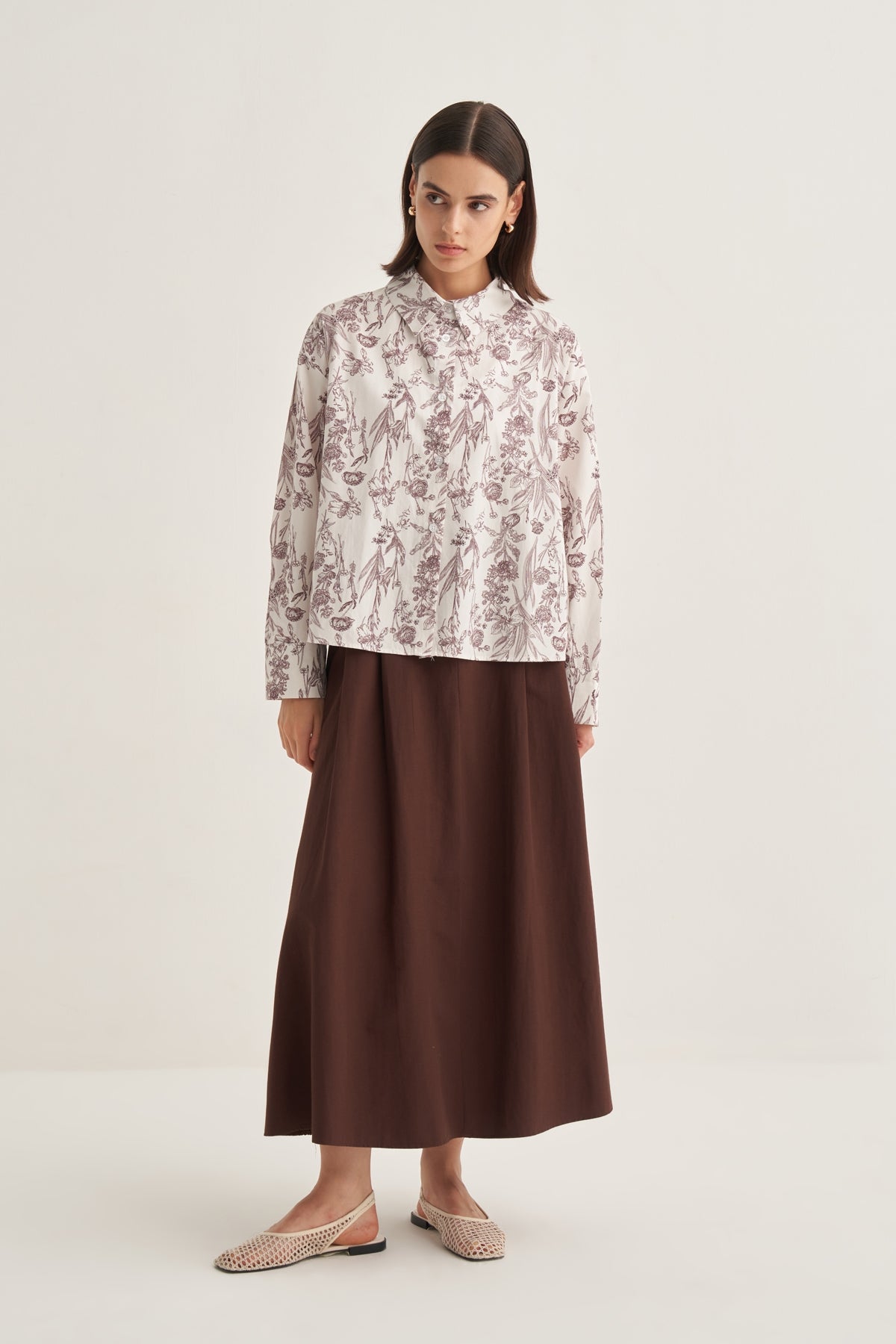 Kadın Poplin Oversize Kısa Gömlek Garden Desen Kahve