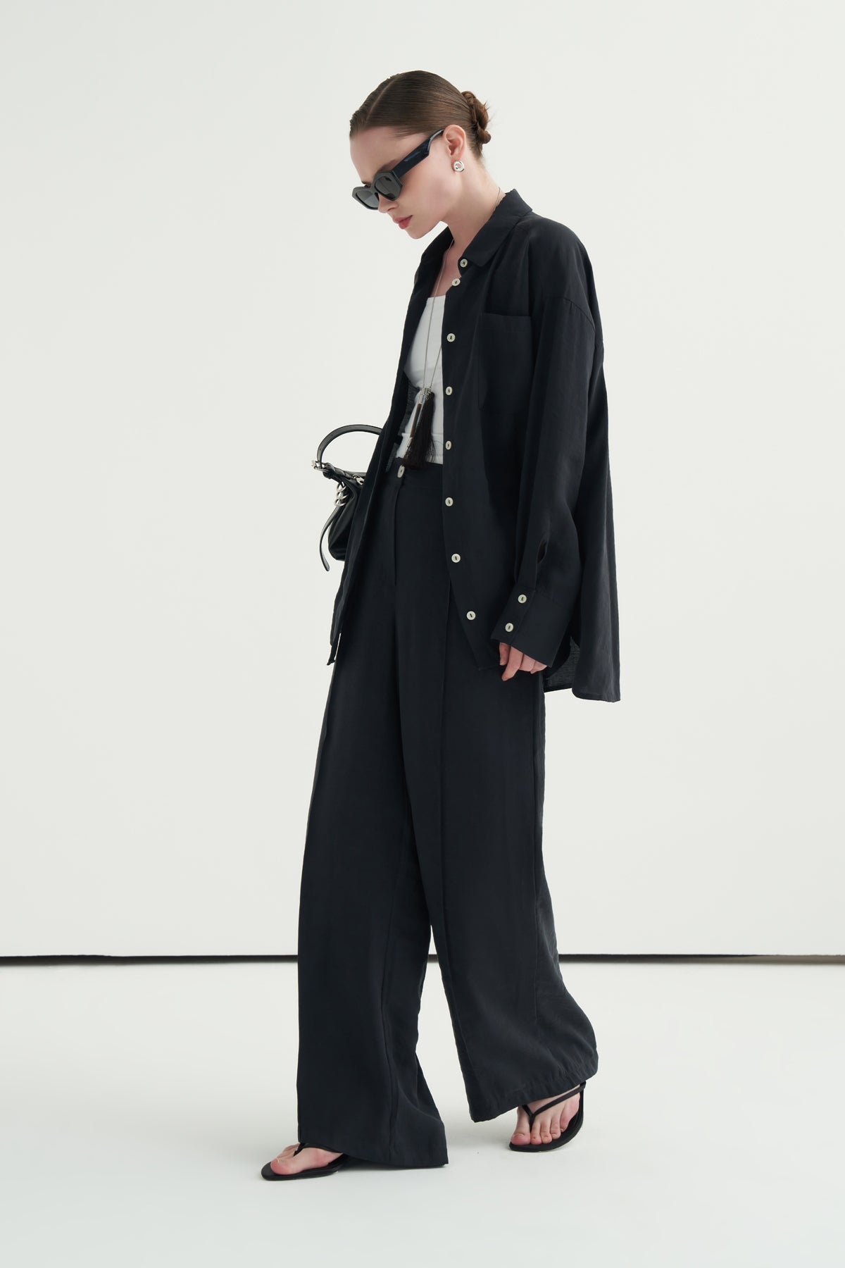 Kadın Modal Oversize Gömlek Pantolon Takım Siyah