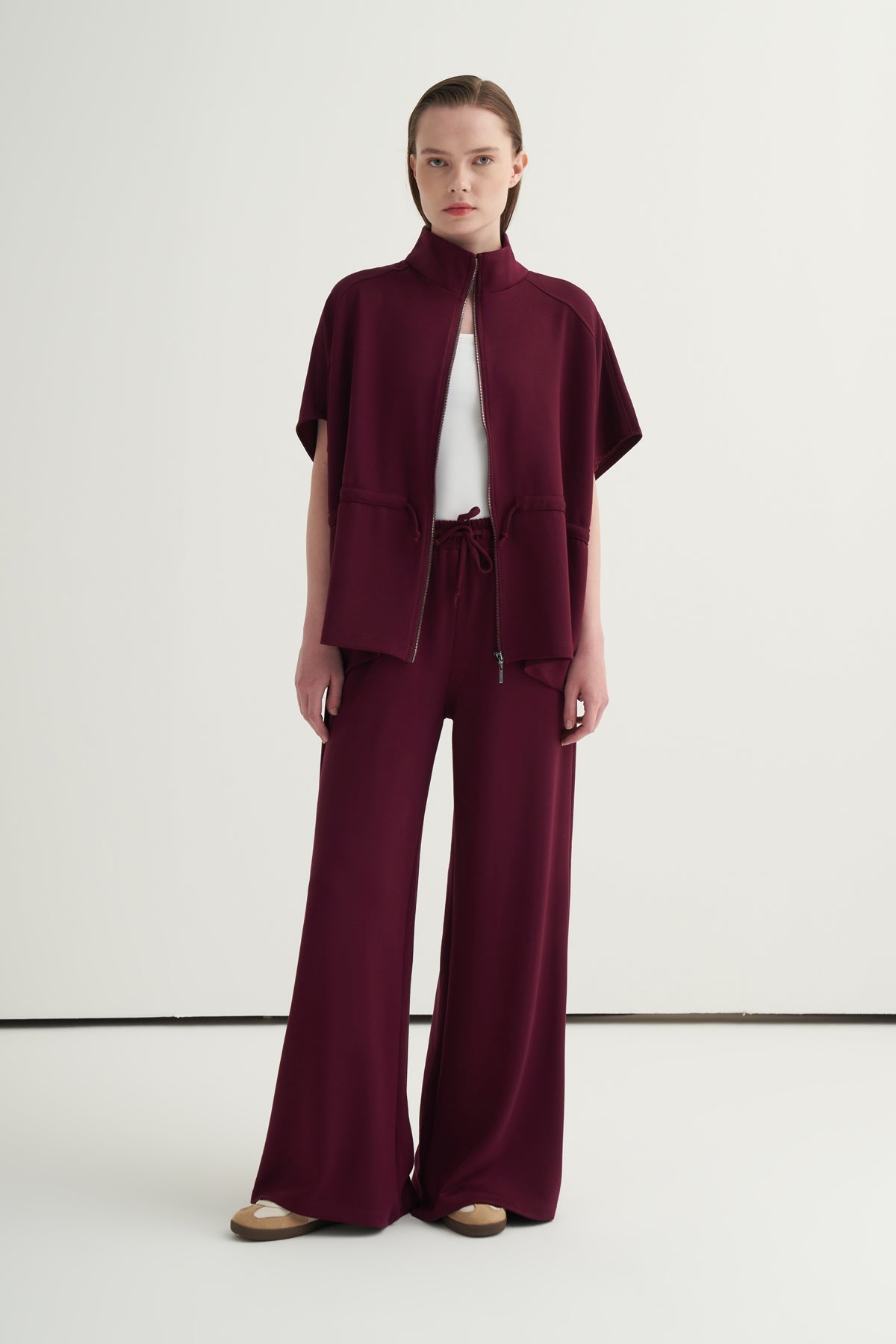 Kadın Oversize Yelek Bol Paça Pantolon Takım Bordo