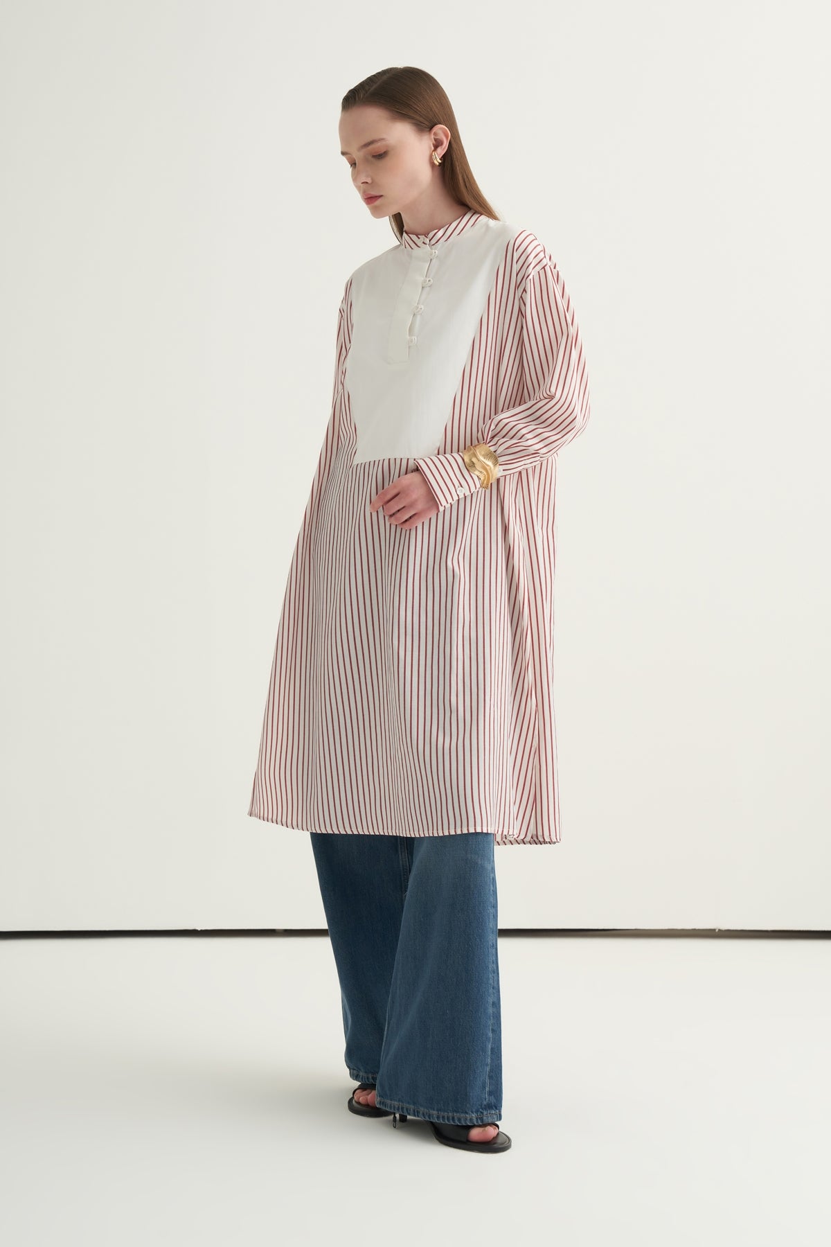 Kadın Hakim Yaka Kontrast Tunik Bordo Çizgili