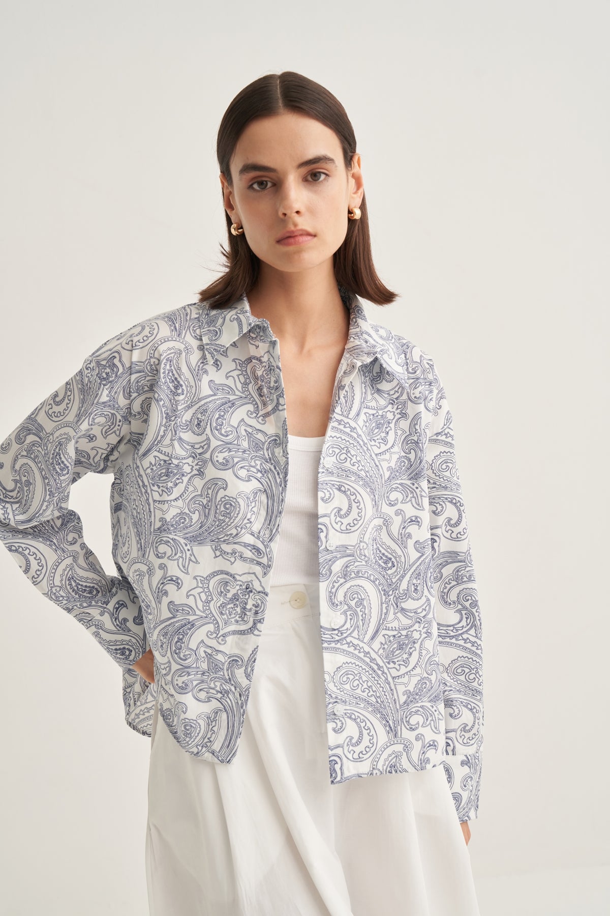 Kadın Poplin Oversize Kısa Gömlek Paisley Desen Lacivert