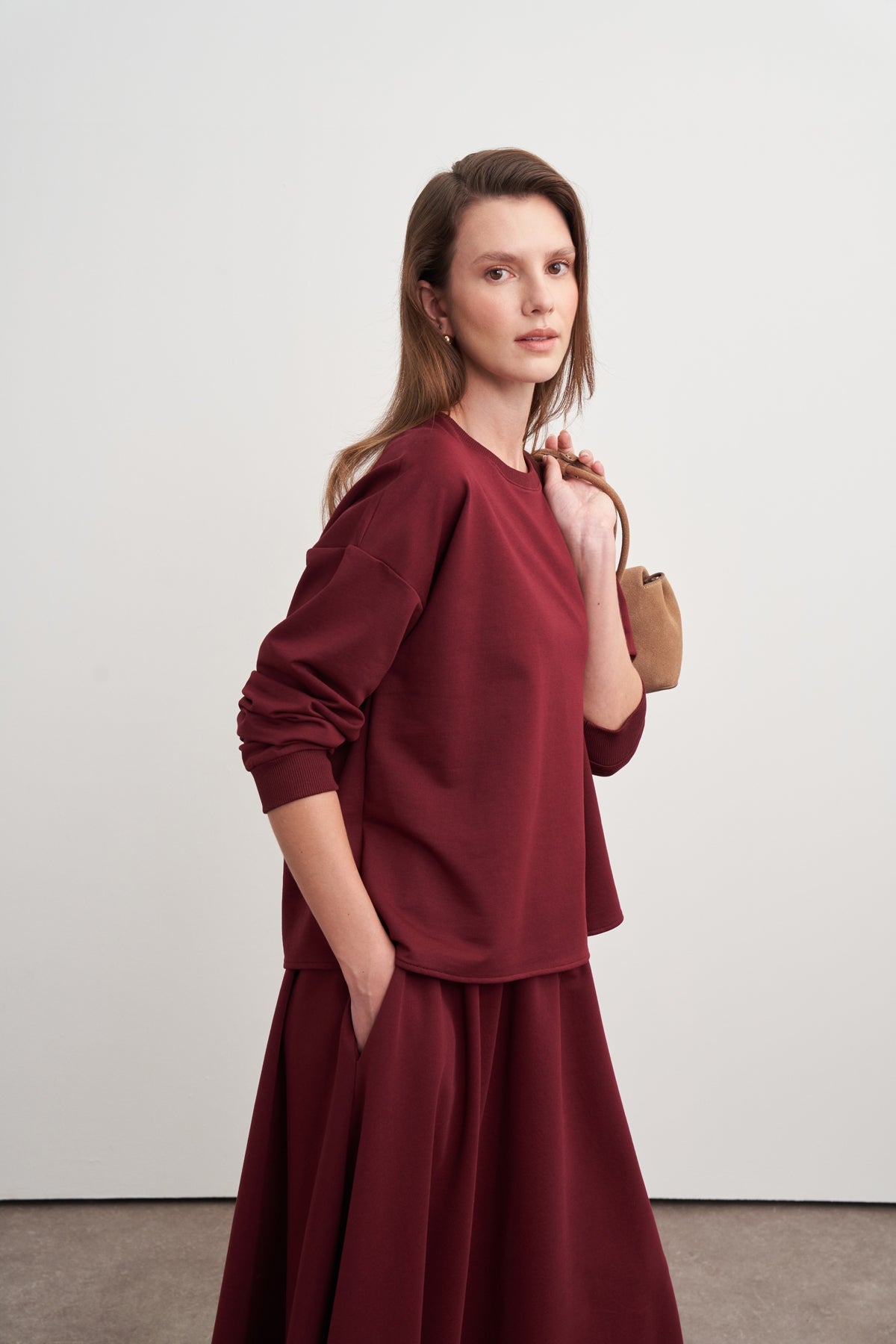 Kadın Basic Örme Bluz Etek Takım Bordo