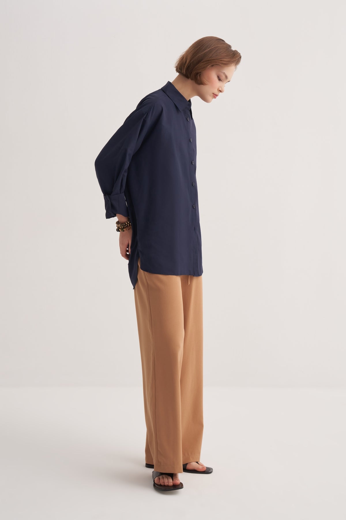 Kadın Poplin Oversize Robalı Gömlek Lacivert