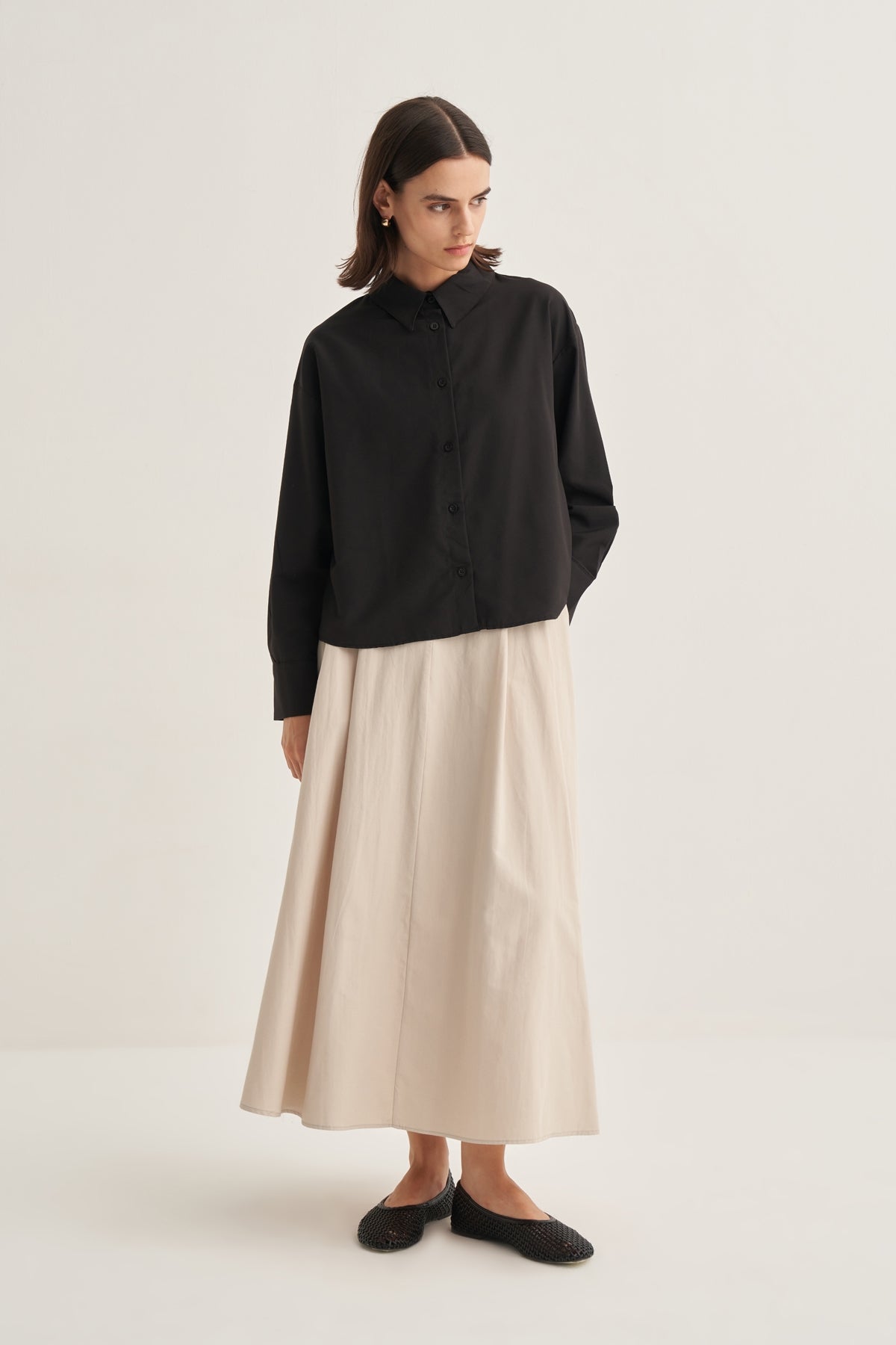 Kadın Poplin Oversize Kısa Gömlek Siyah