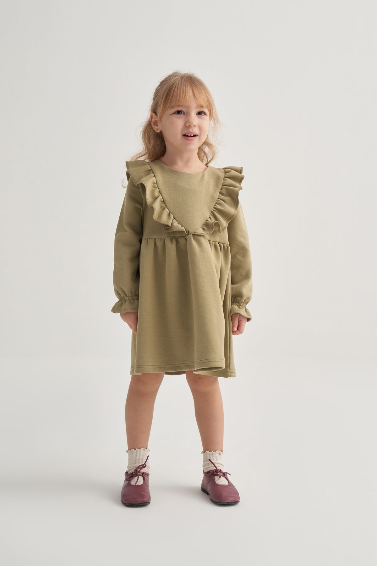Kız Çocuk İnterlok Fırfırlı Uzun Kol Elbise Yeşil