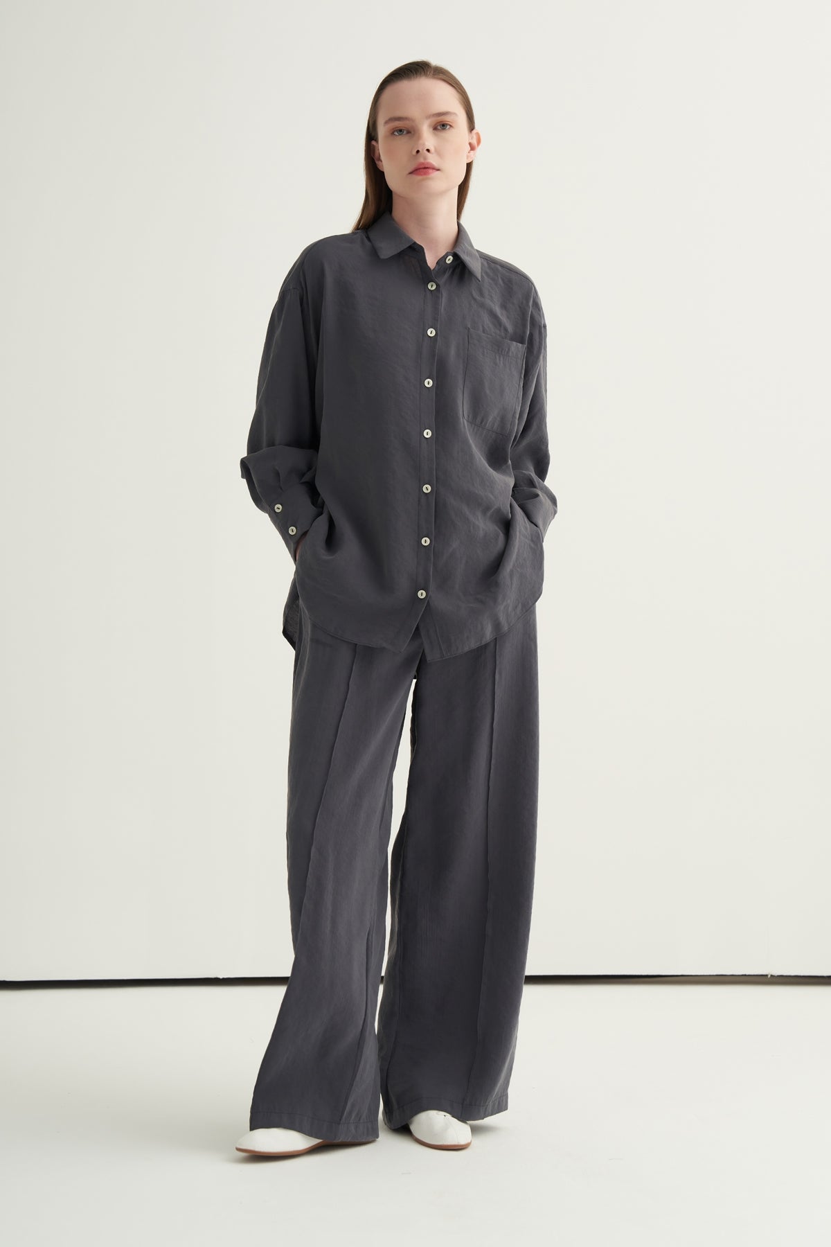 Kadın Modal Oversize Gömlek Pantolon Takım Füme