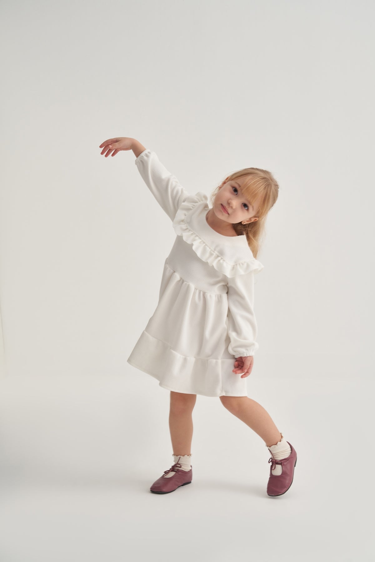 Kız Çocuk Fitilli Kat Kat Fırfırlı Elbise Ekru