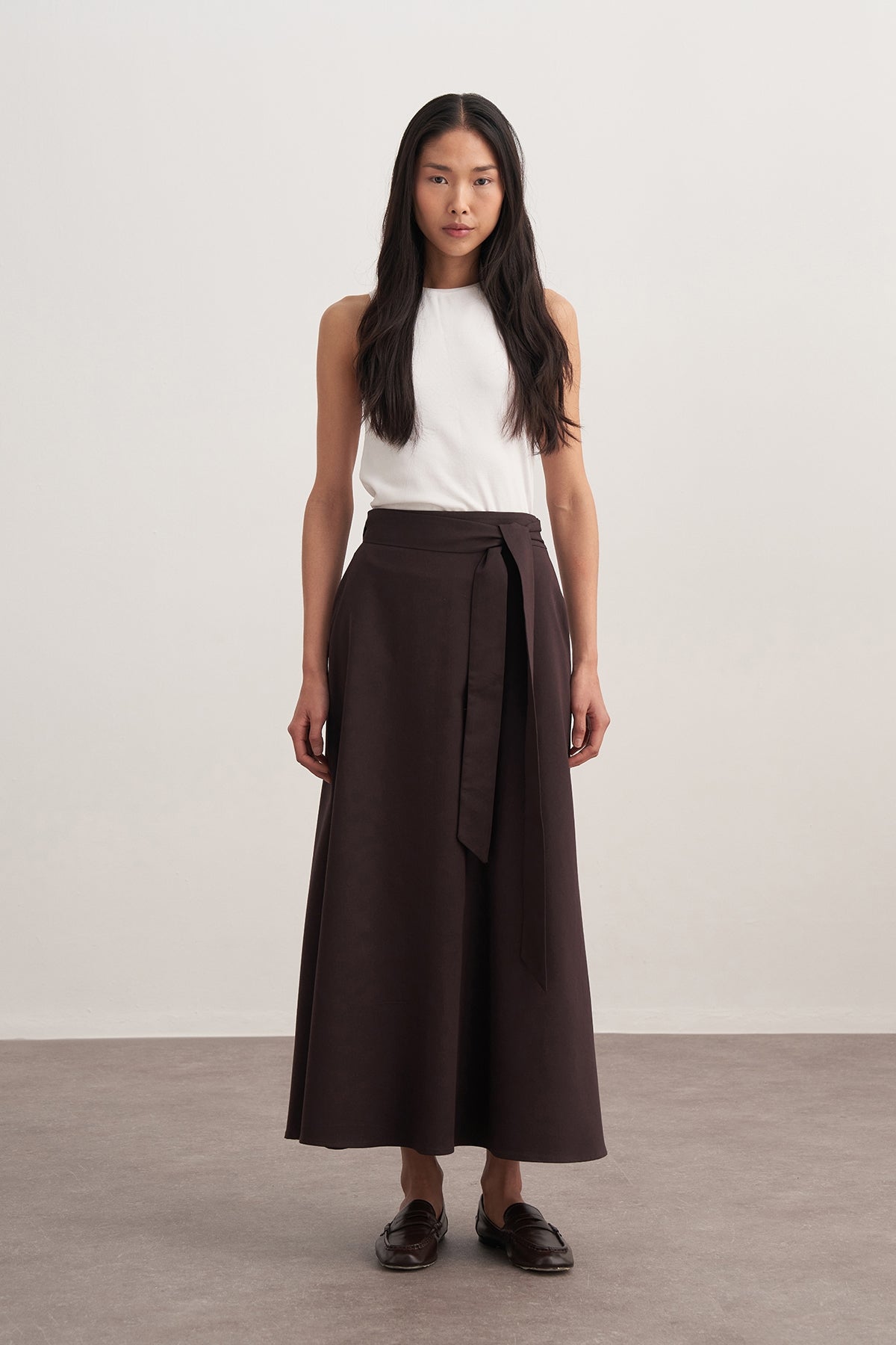 Kadın Gabardin Kemerli Kloş Etek Kahve