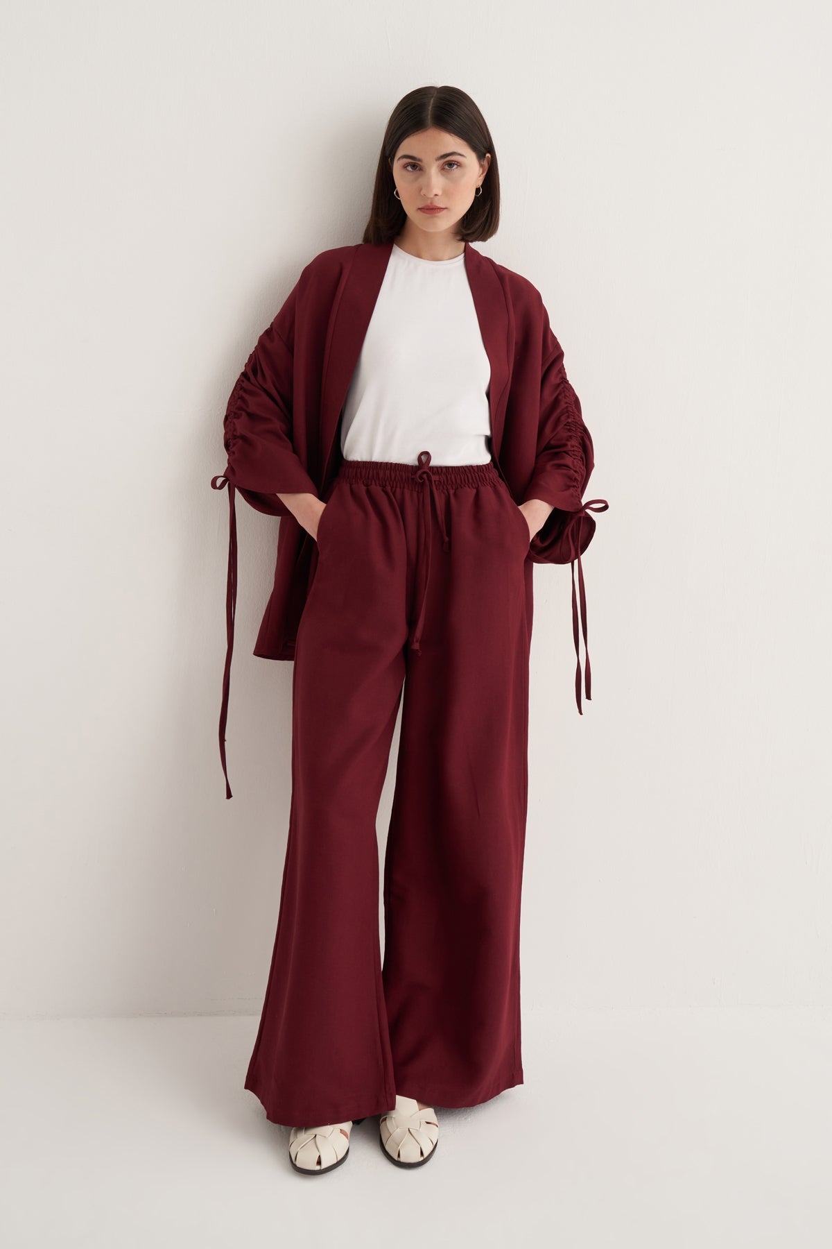 Kadın Cupra Dökümlü Pamuklu Büzgü Detaylı Kimono Pantolon Takım Bordo