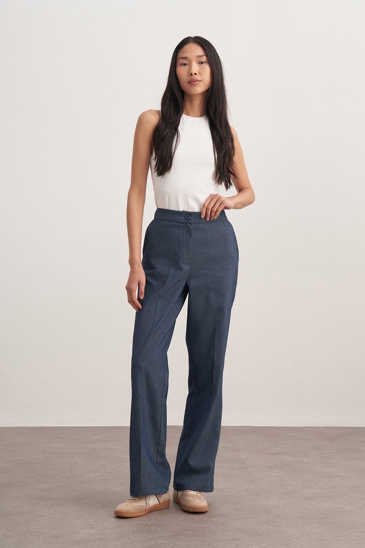 Kadın Gabardin Palazzo Pantolon Kot Mavisi