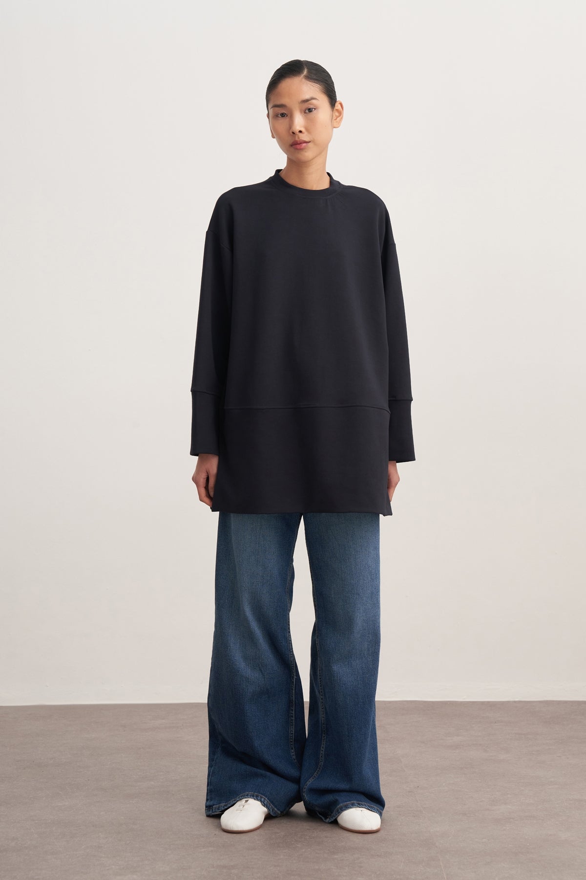 Kadın İnterlok Oversize Şal Aksesuarlı Sweat Lacivert