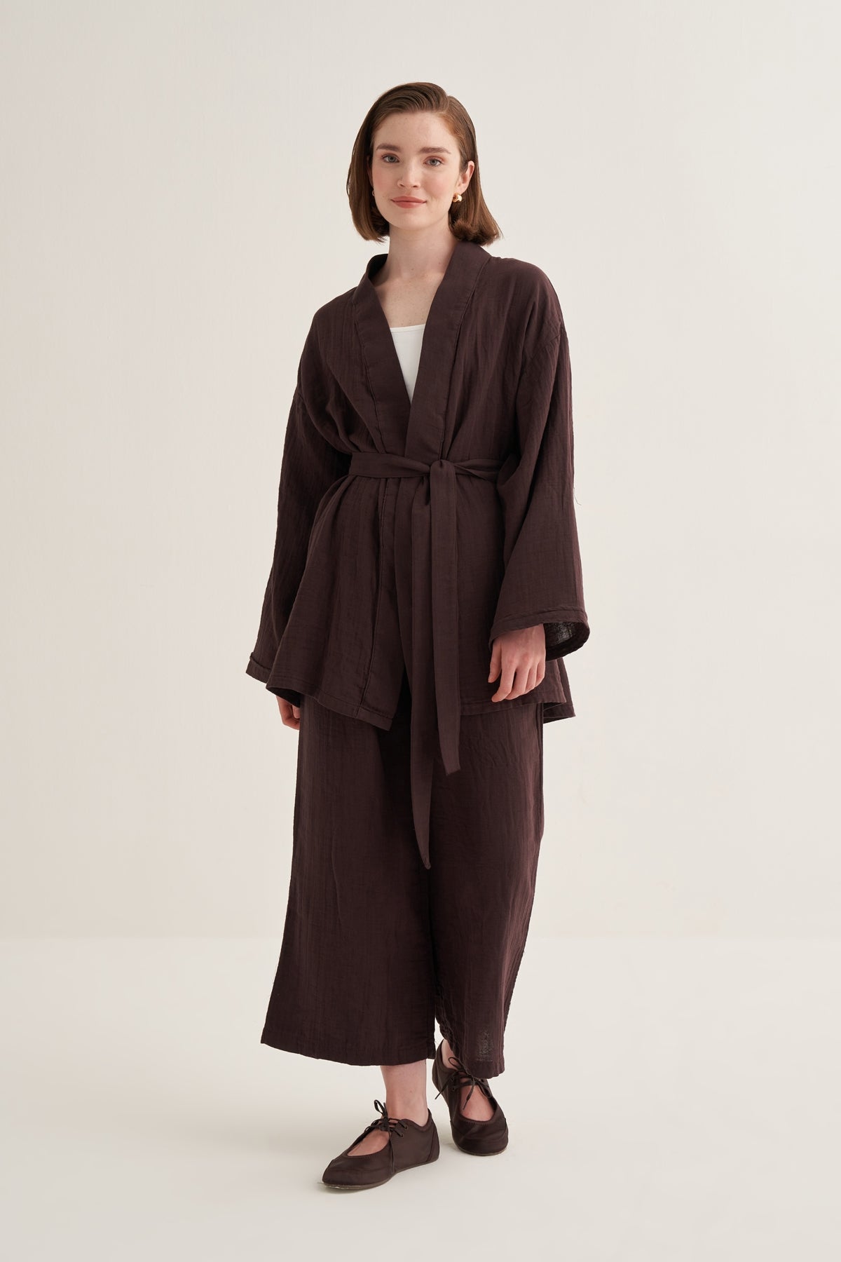 Kadın Müslin Kimono Takım Acı Kahve