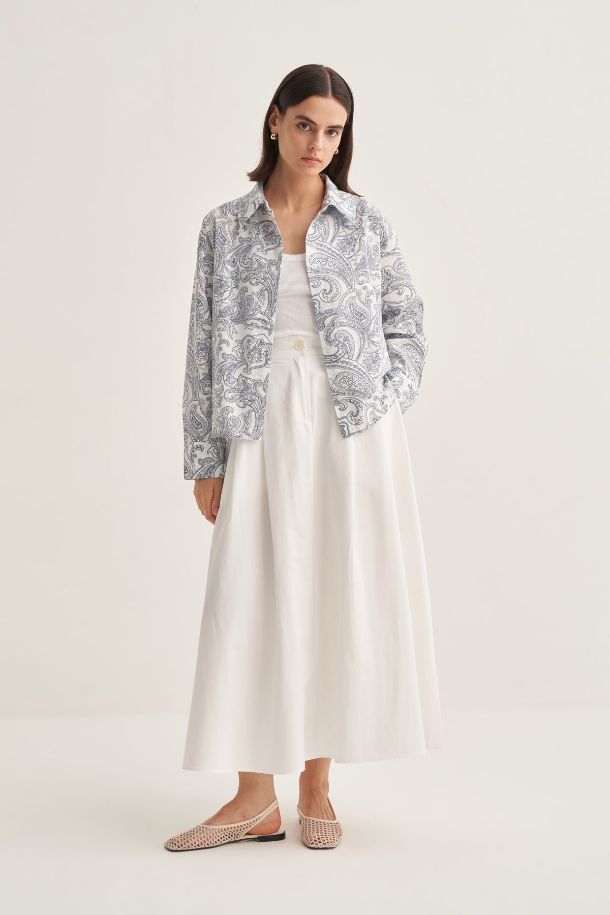 Kadın Poplin Oversize Kısa Gömlek Paisley Desen Lacivert