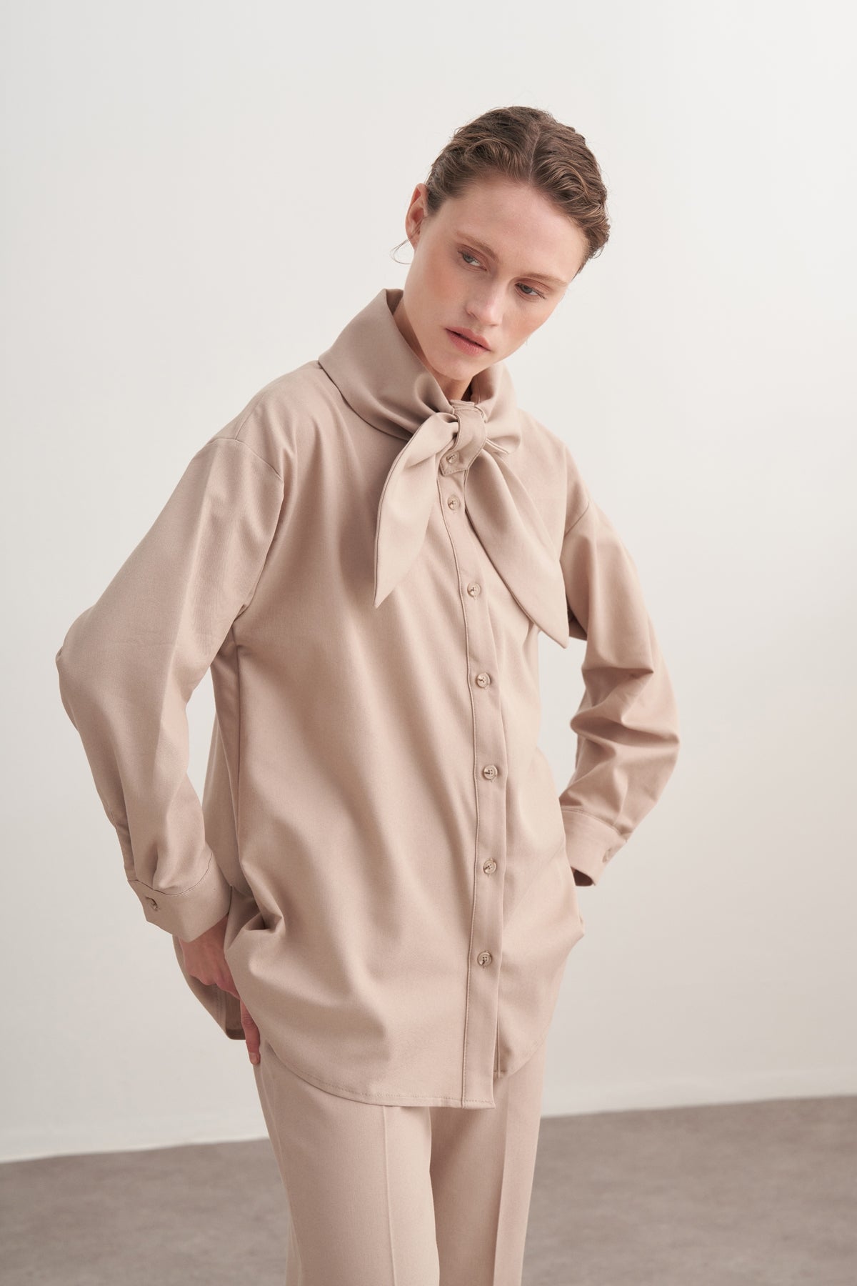 Kadın Gabardin Yaka Detaylı Gömlek Bej