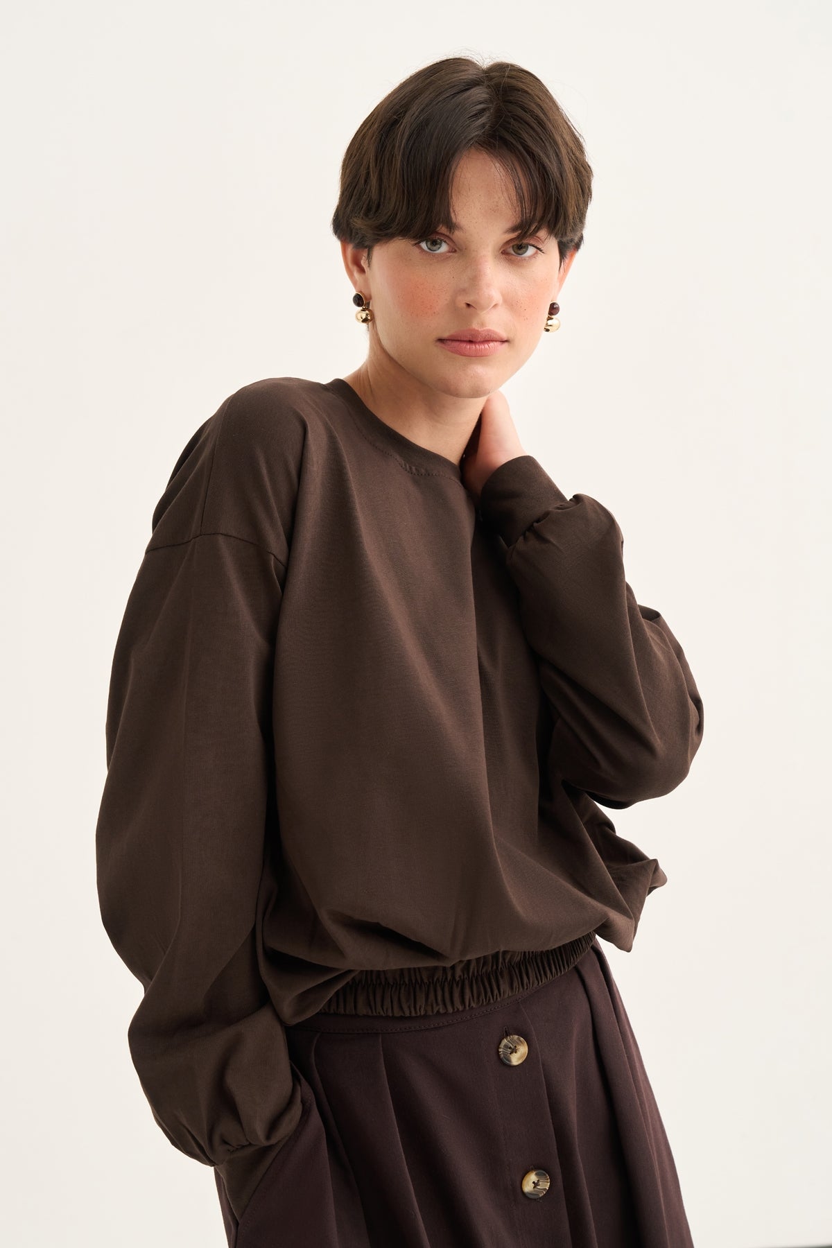 Kadın Beli Lastikli Sweat Kahve