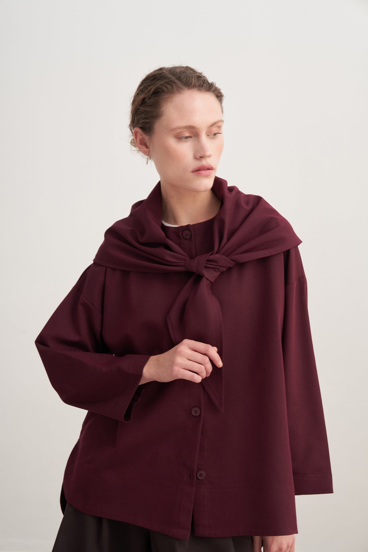 Kadın Gabardin Şal Aksesuarlı Gömlek Ceket Mürdüm