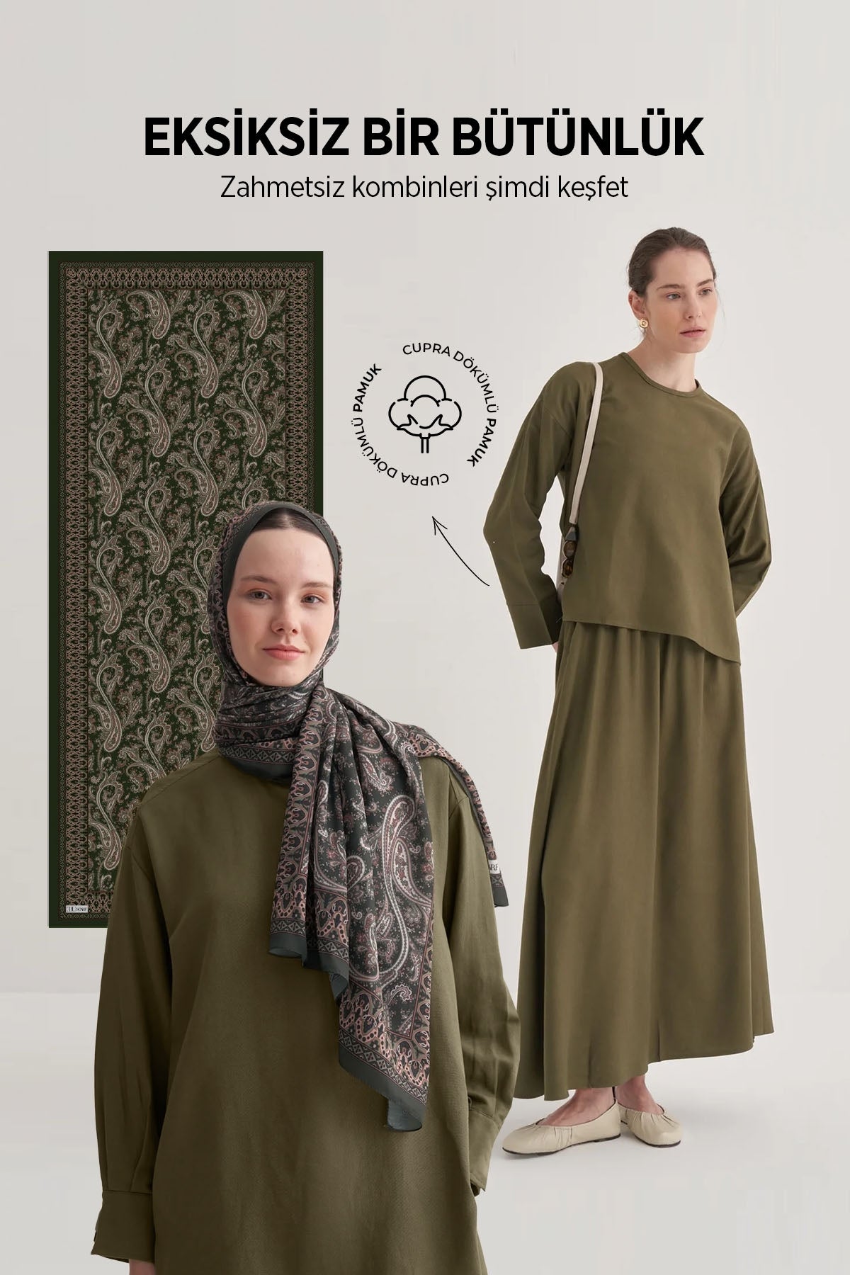 Kadın Üçlü Set Şal Bluz Etek Haki