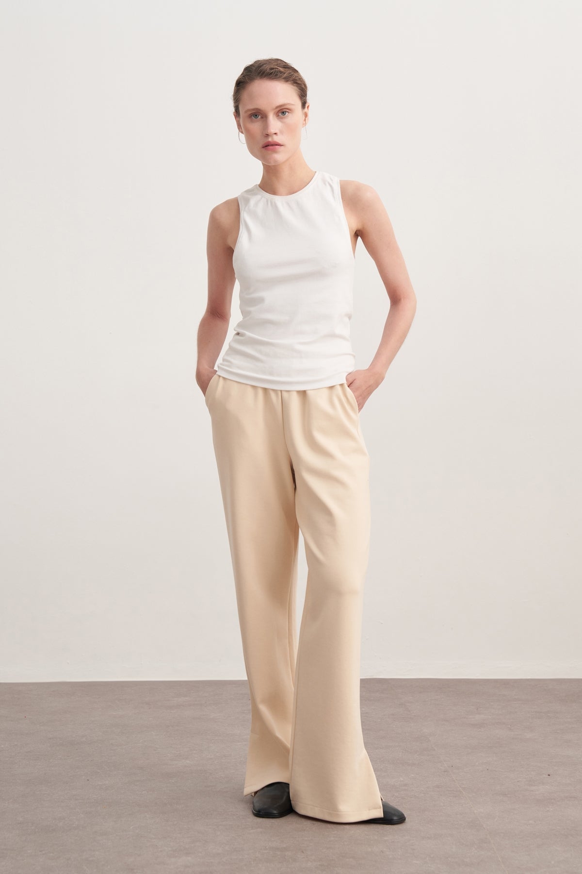 Kadın İnterlok Yandan Yırtmaçlı Palazzo Pantolon Bej