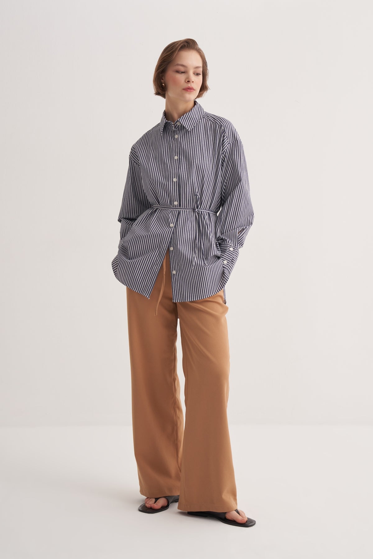 Kadın Poplin Oversize Robalı Gömlek Çizgili Koyu Lacivert