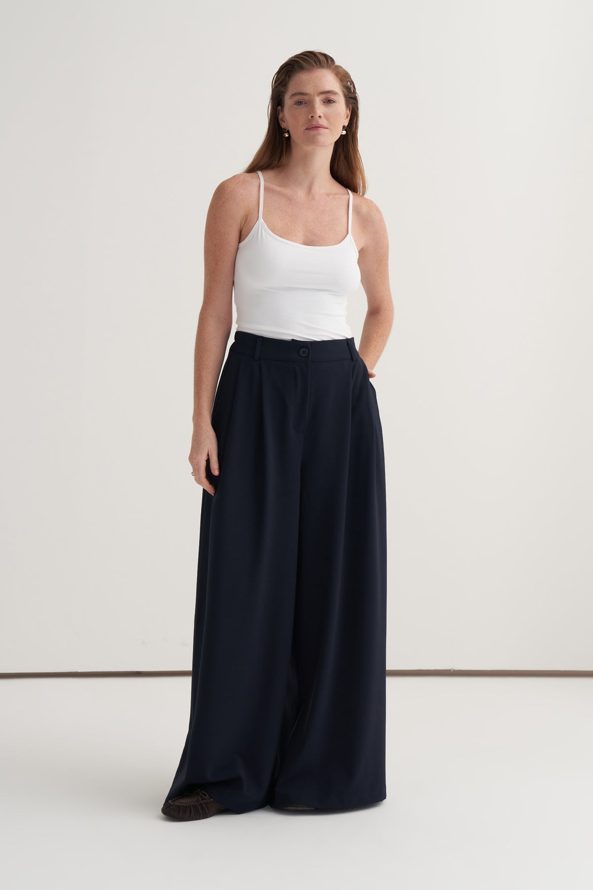 Kadın Çift Pileli Bol Paça Palazzo Pantolon Lacivert