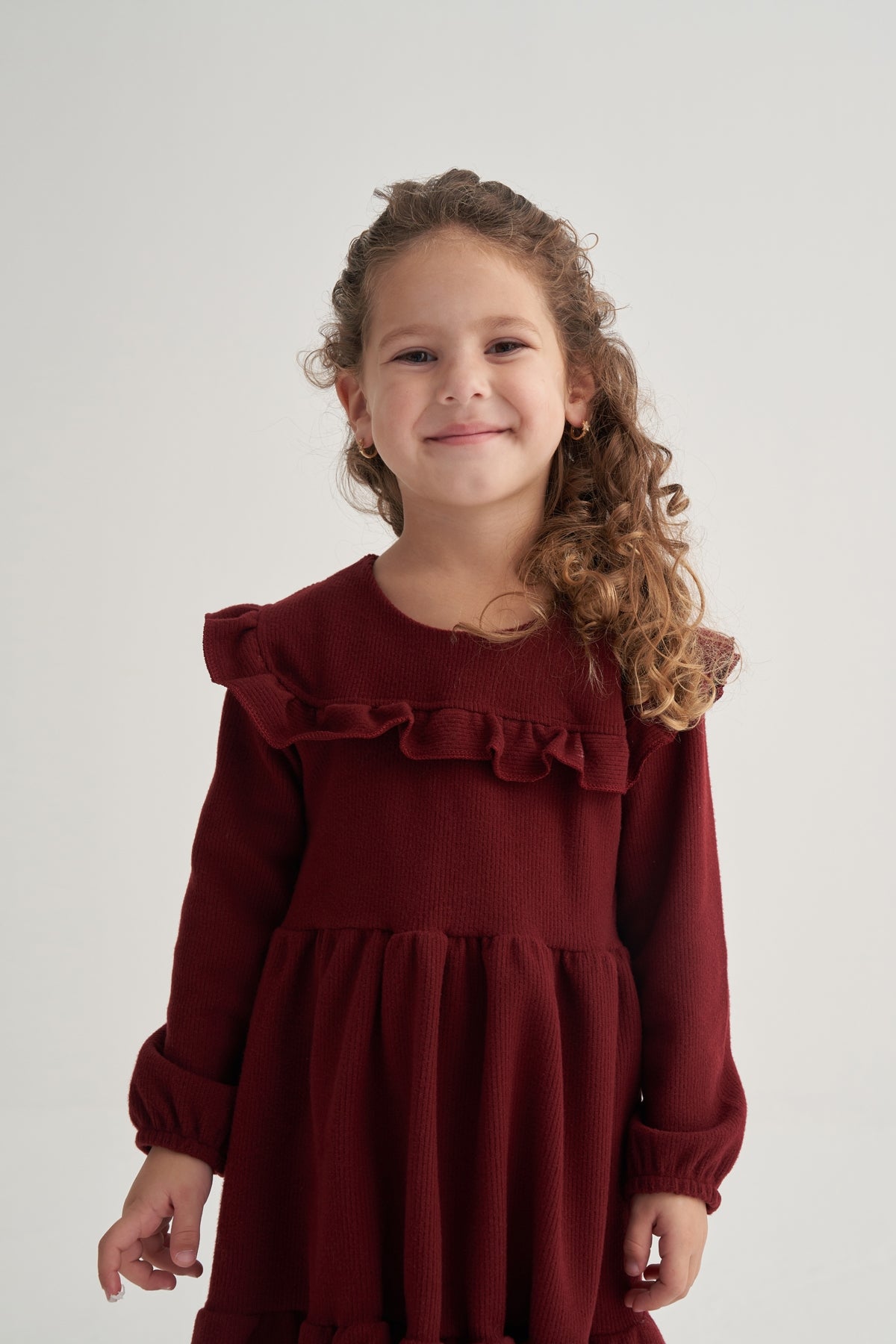 Kız Çocuk Fitilli Kat Kat Fırfırlı Elbise Bordo