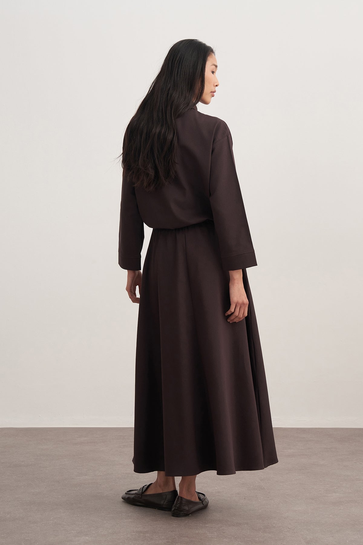 Kadın Gabardin Gömlekli Kloş Etek Takım Kahve