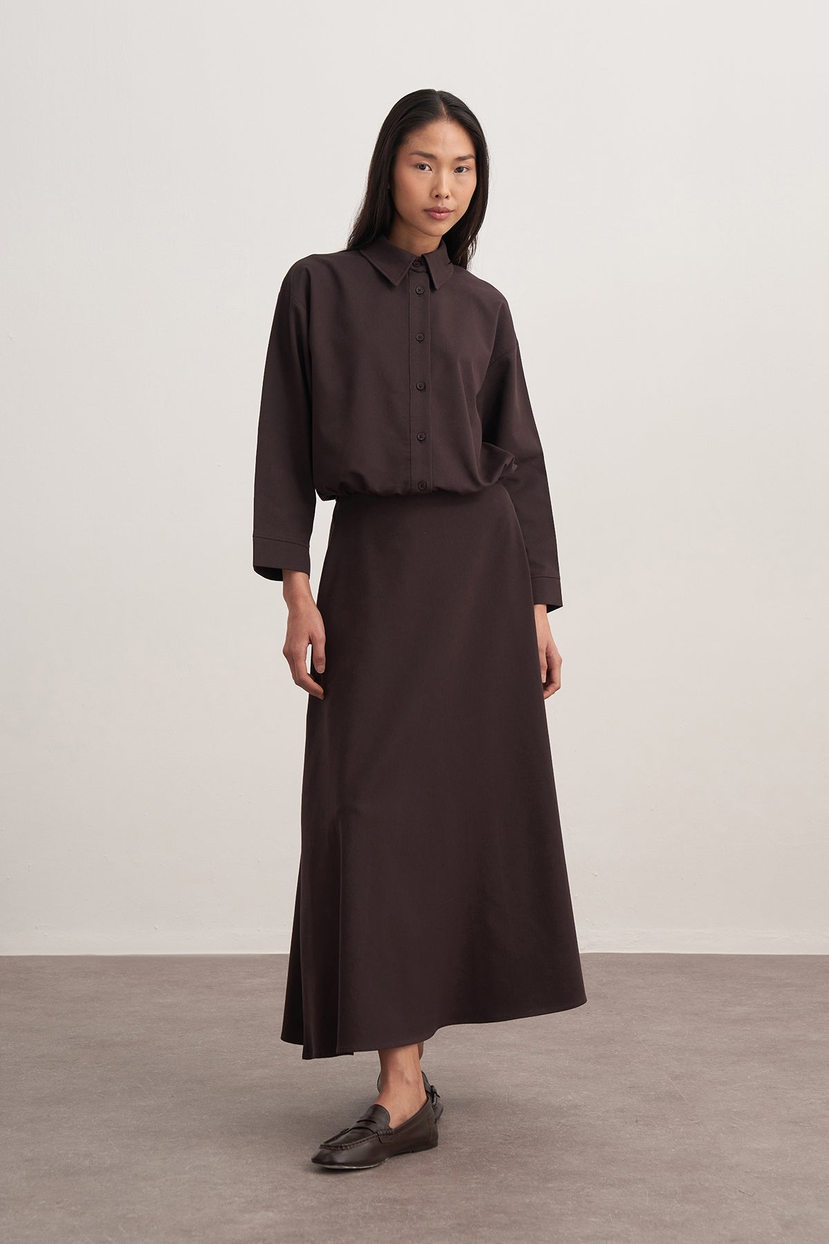 Kadın Gabardin Gömlekli Kloş Etek Takım Kahve