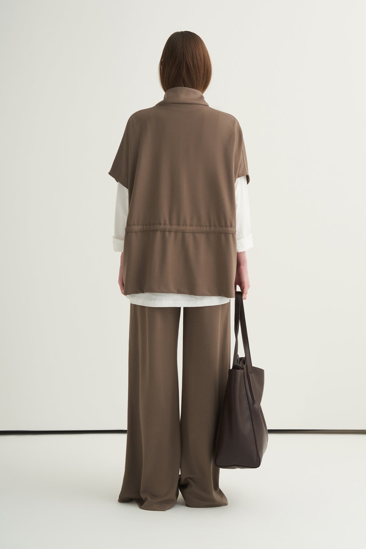 Kadın Oversize Yelek Bol Paça Pantolon Takım Vizon
