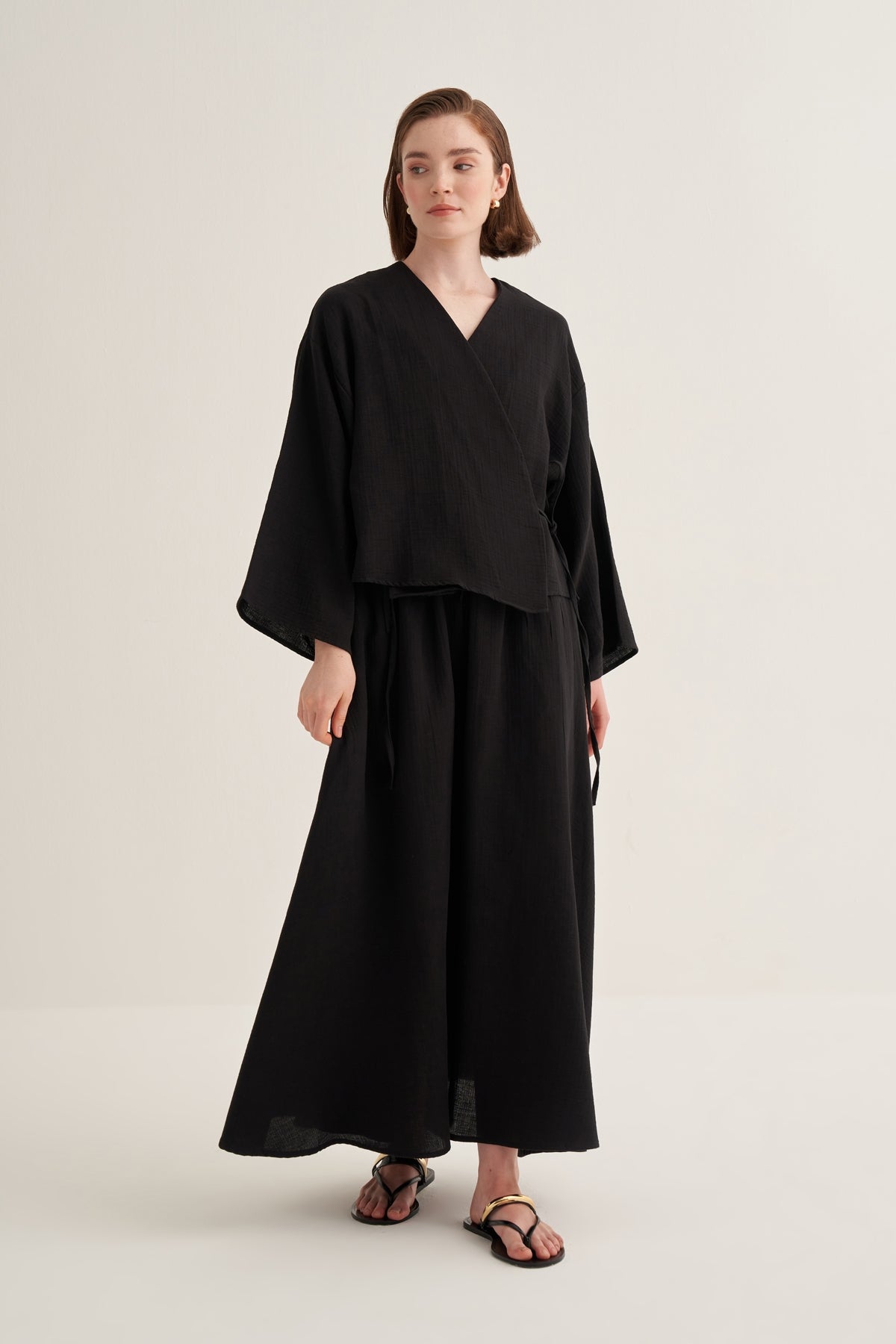 Kadın Müslin Kimono Etek Takım Siyah