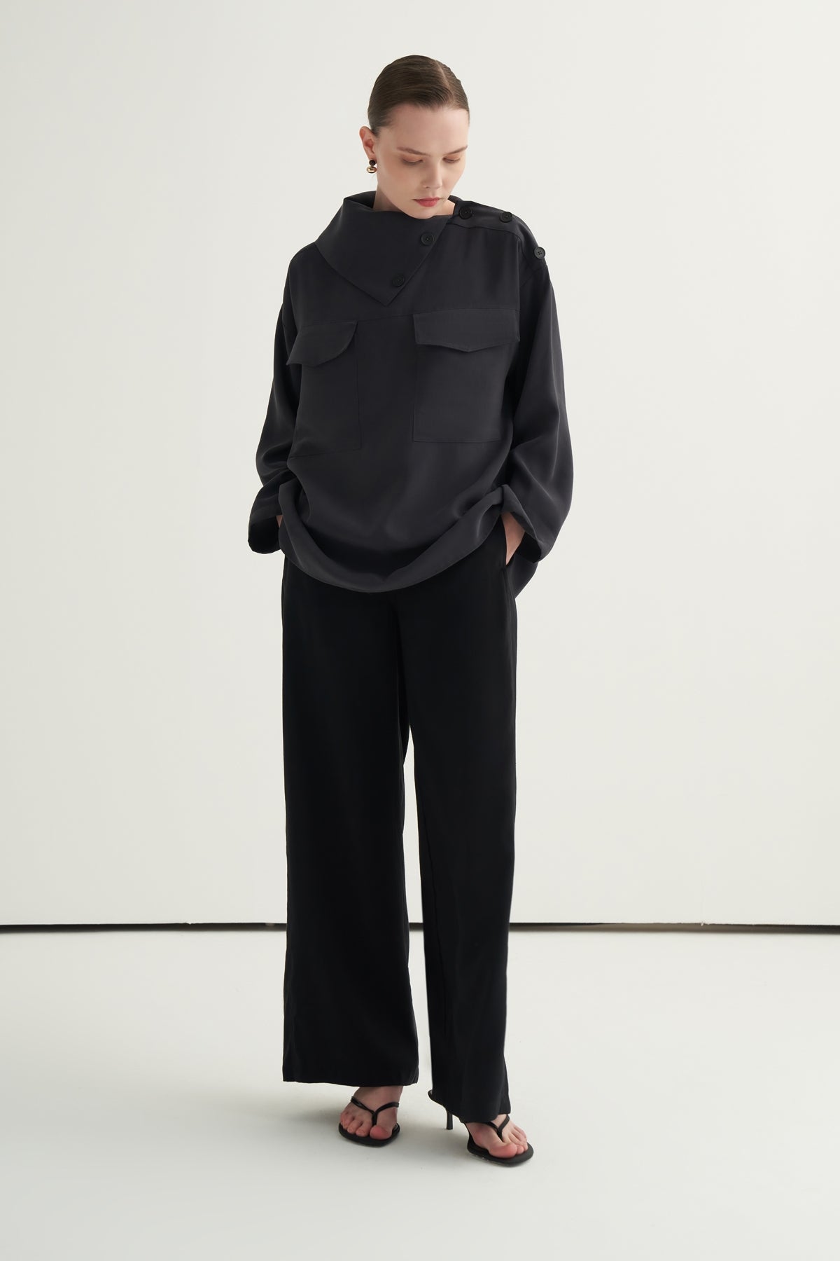 Kadın Modal Düğmeli Bluz Füme