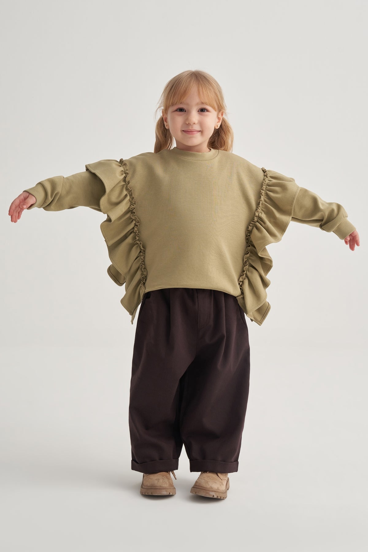 Unisex Çocuk İnterlok Fırfırlı Sweatshirt Yeşil