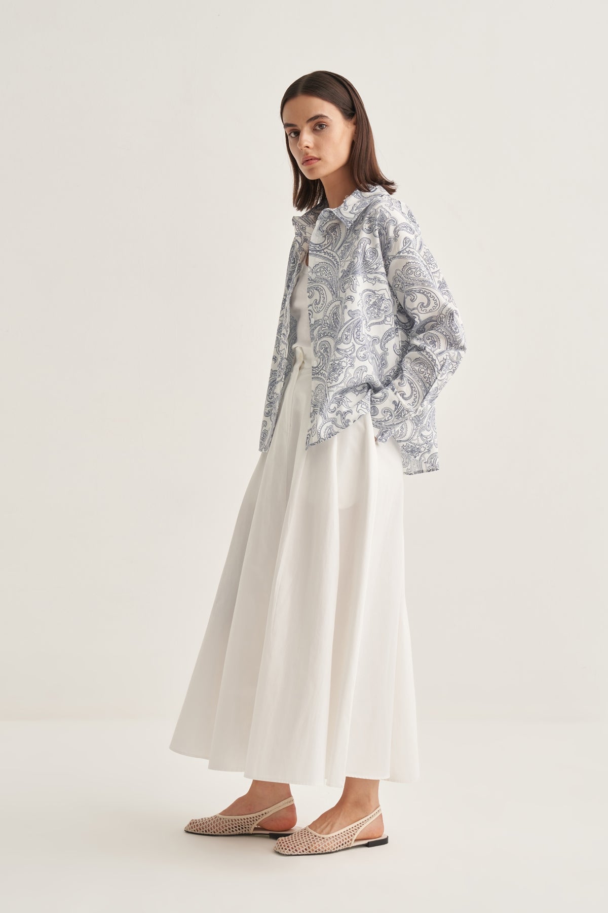 Kadın Poplin Oversize Kısa Gömlek Paisley Desen Lacivert