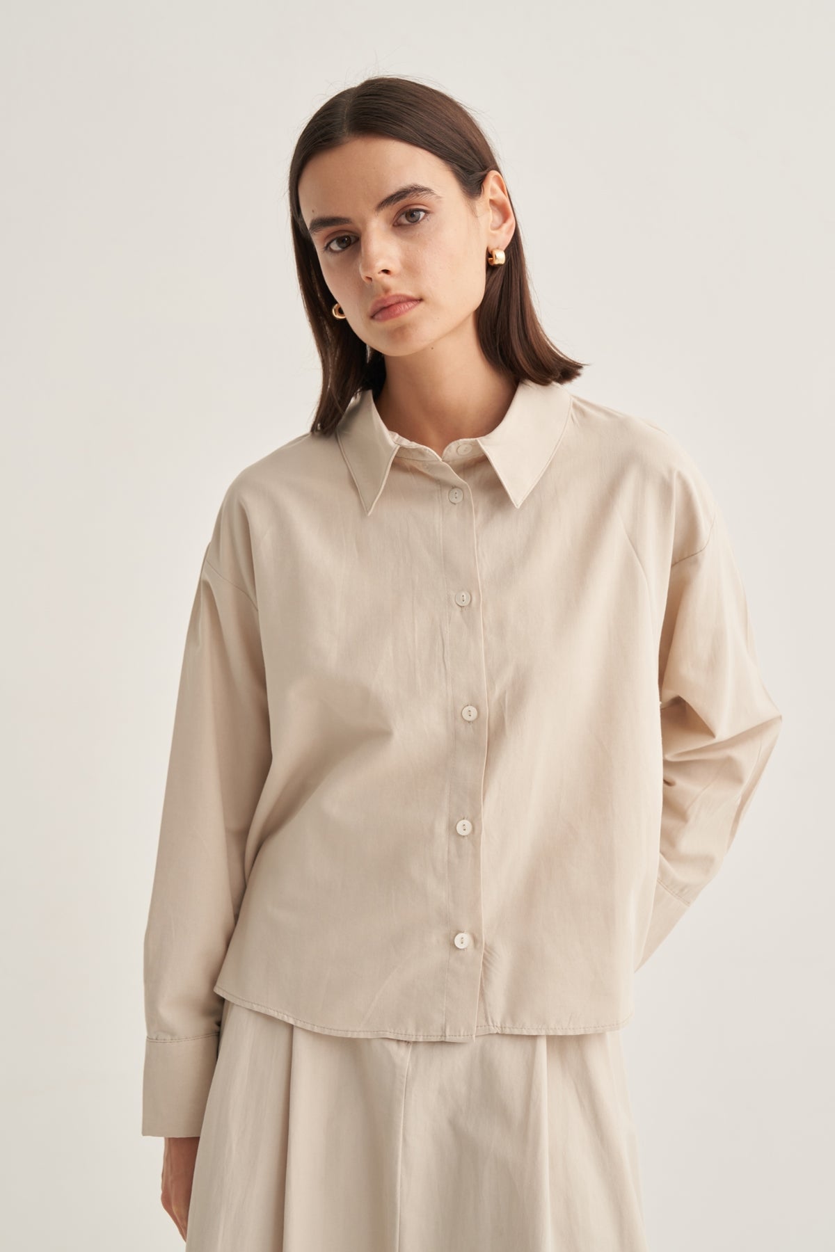 Kadın Poplin Oversize Kısa Gömlek Bej