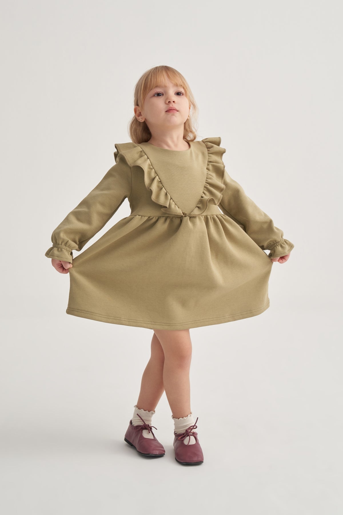 Kız Çocuk İnterlok Fırfırlı Uzun Kol Elbise Yeşil