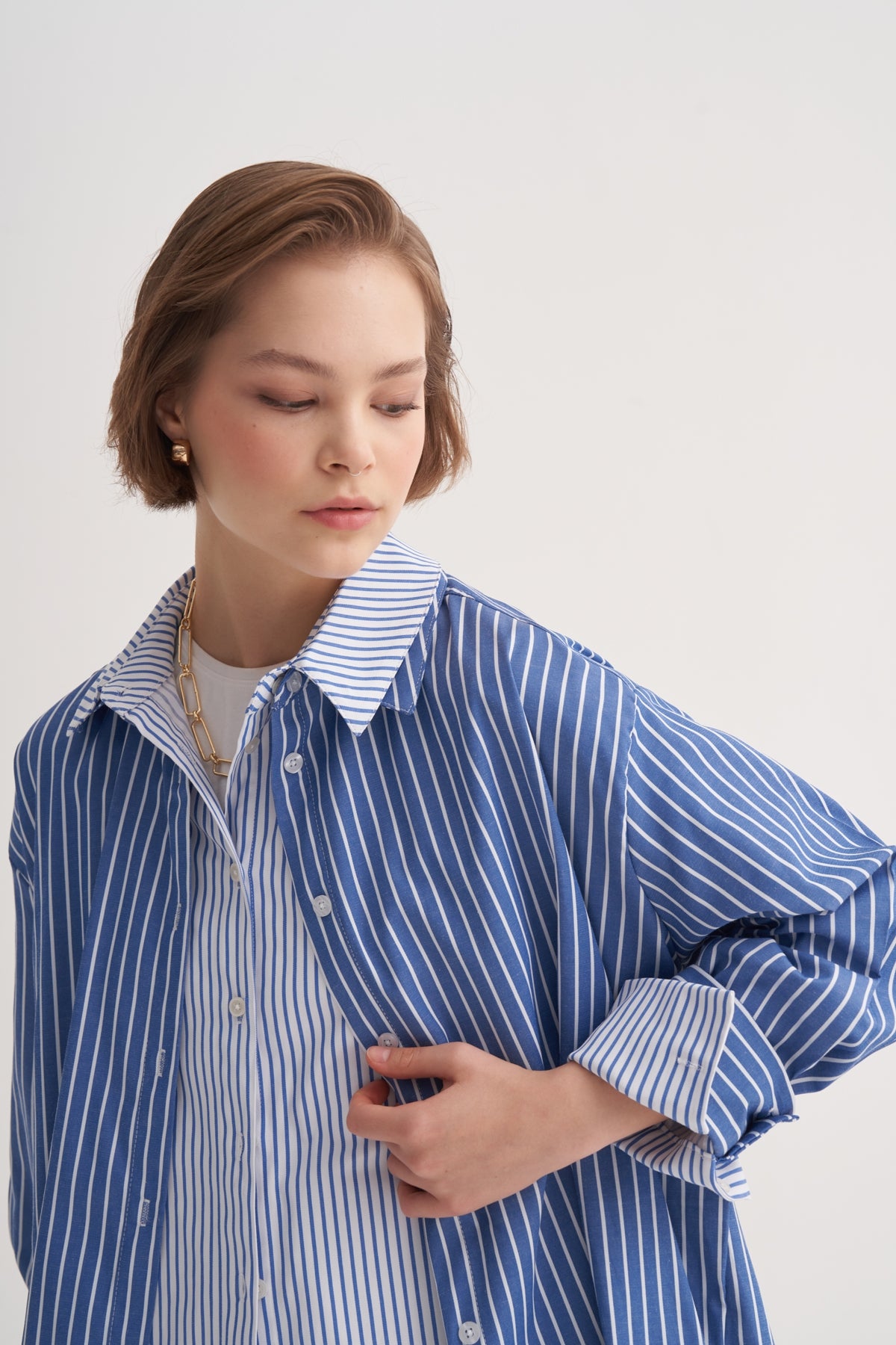 Kadın Poplin Oversize Robalı Gömlek Çizgili Lacivert