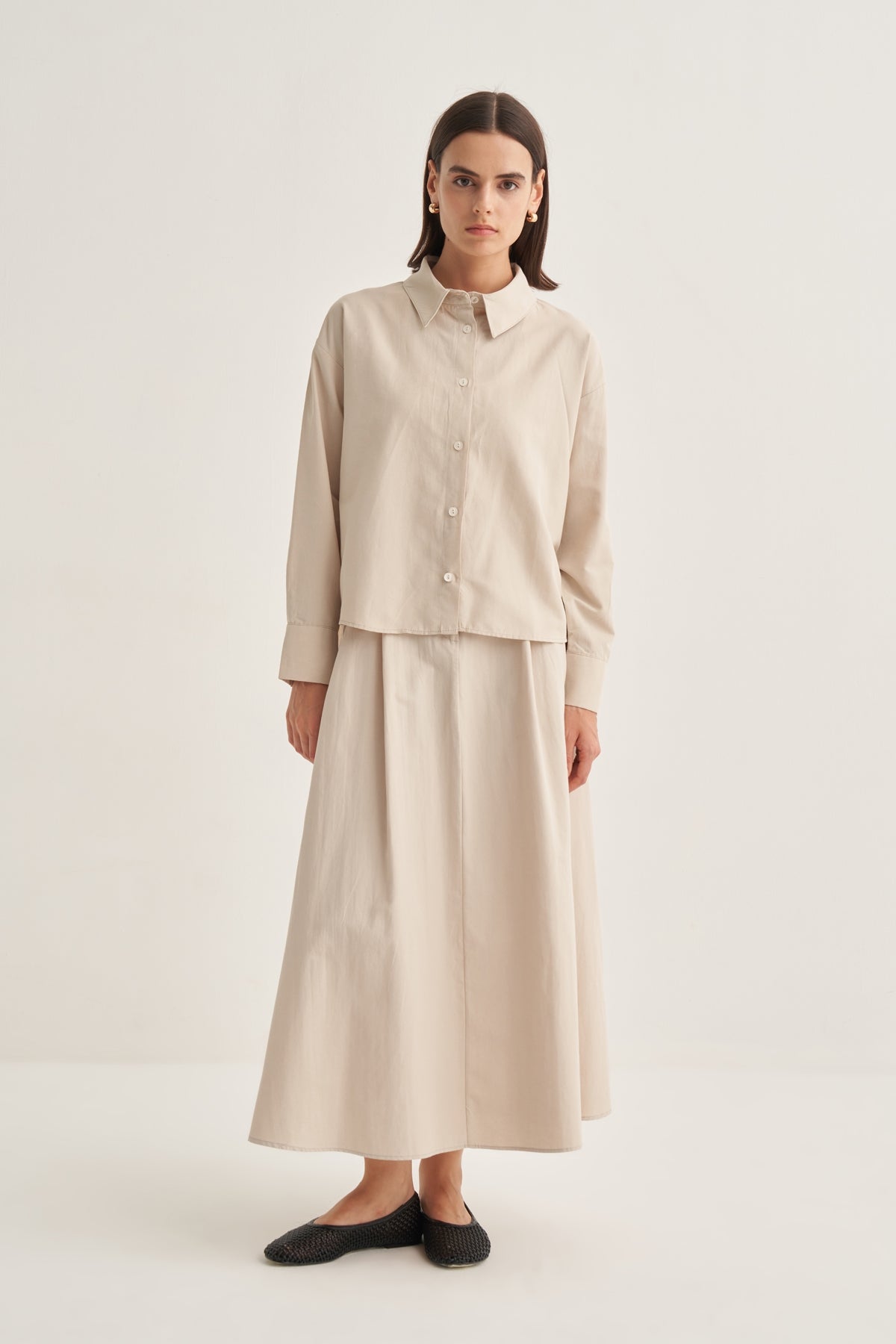 Kadın Poplin Oversize Kısa Gömlek Bej