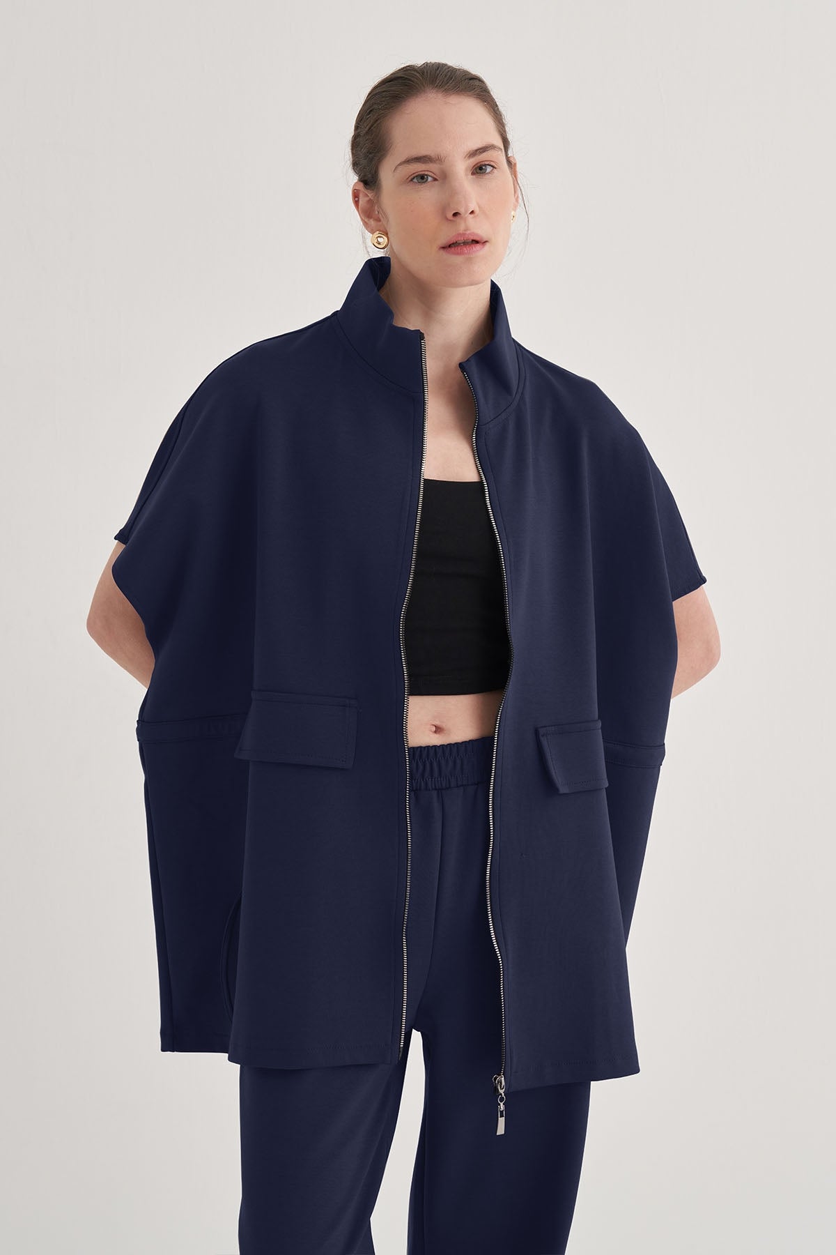 Kadın İnterlok Oversize Yelek Pantolon Takım Lacivert