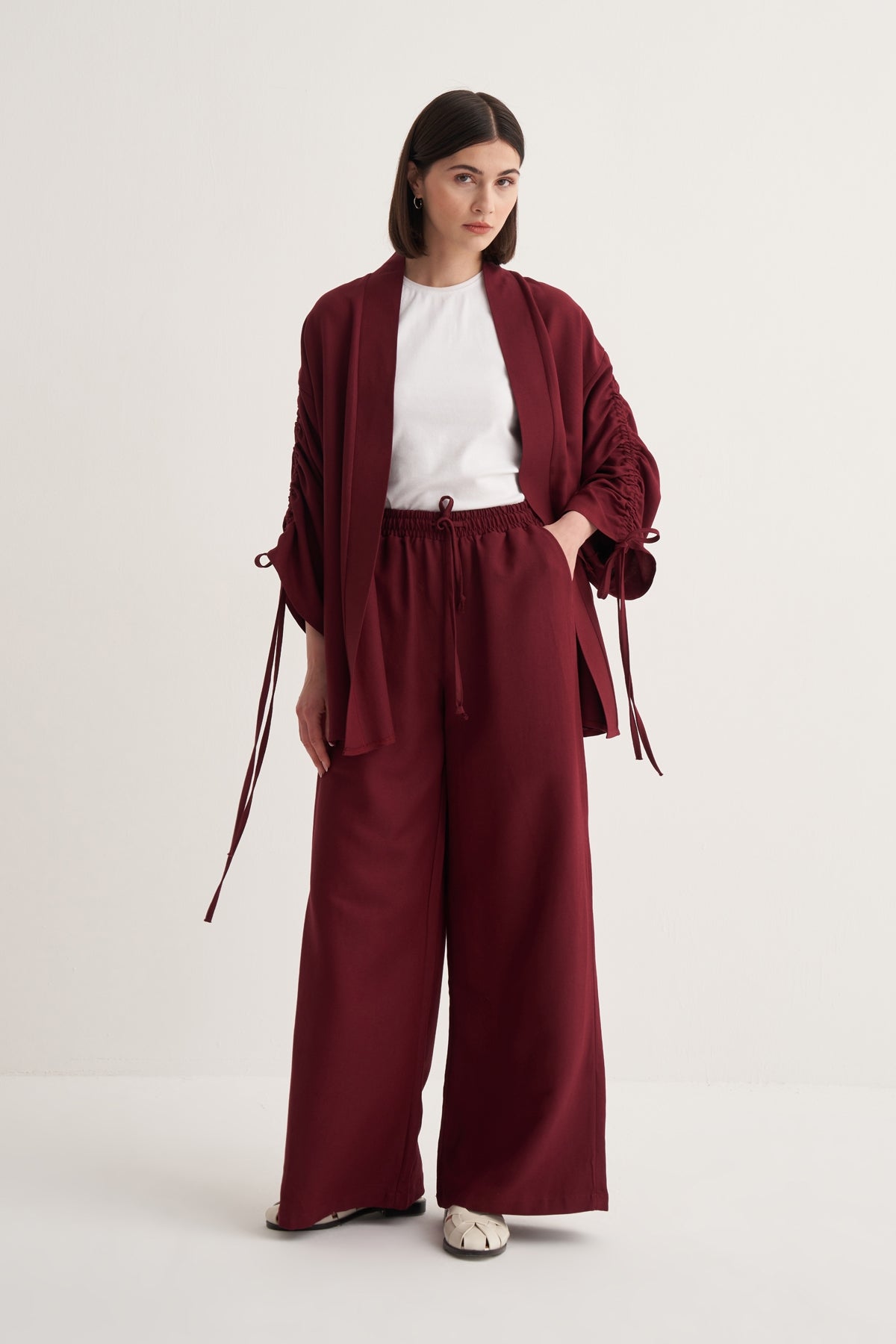 Kadın Cupra Dökümlü Pamuklu Büzgü Detaylı Kimono Pantolon Takım Bordo
