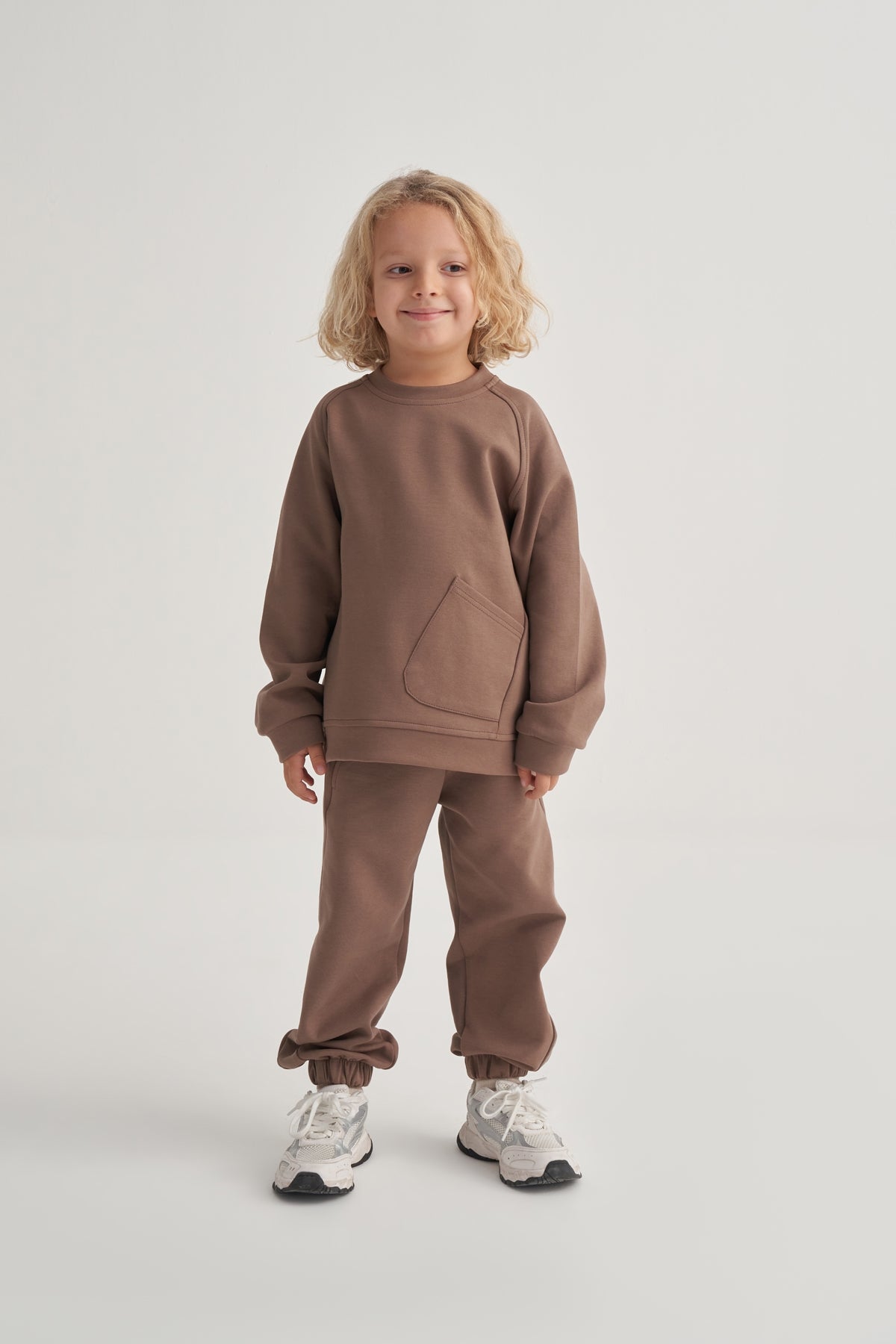 Unisex Çocuk İnterlok Dikiş Detaylı İkili Takım Kahve