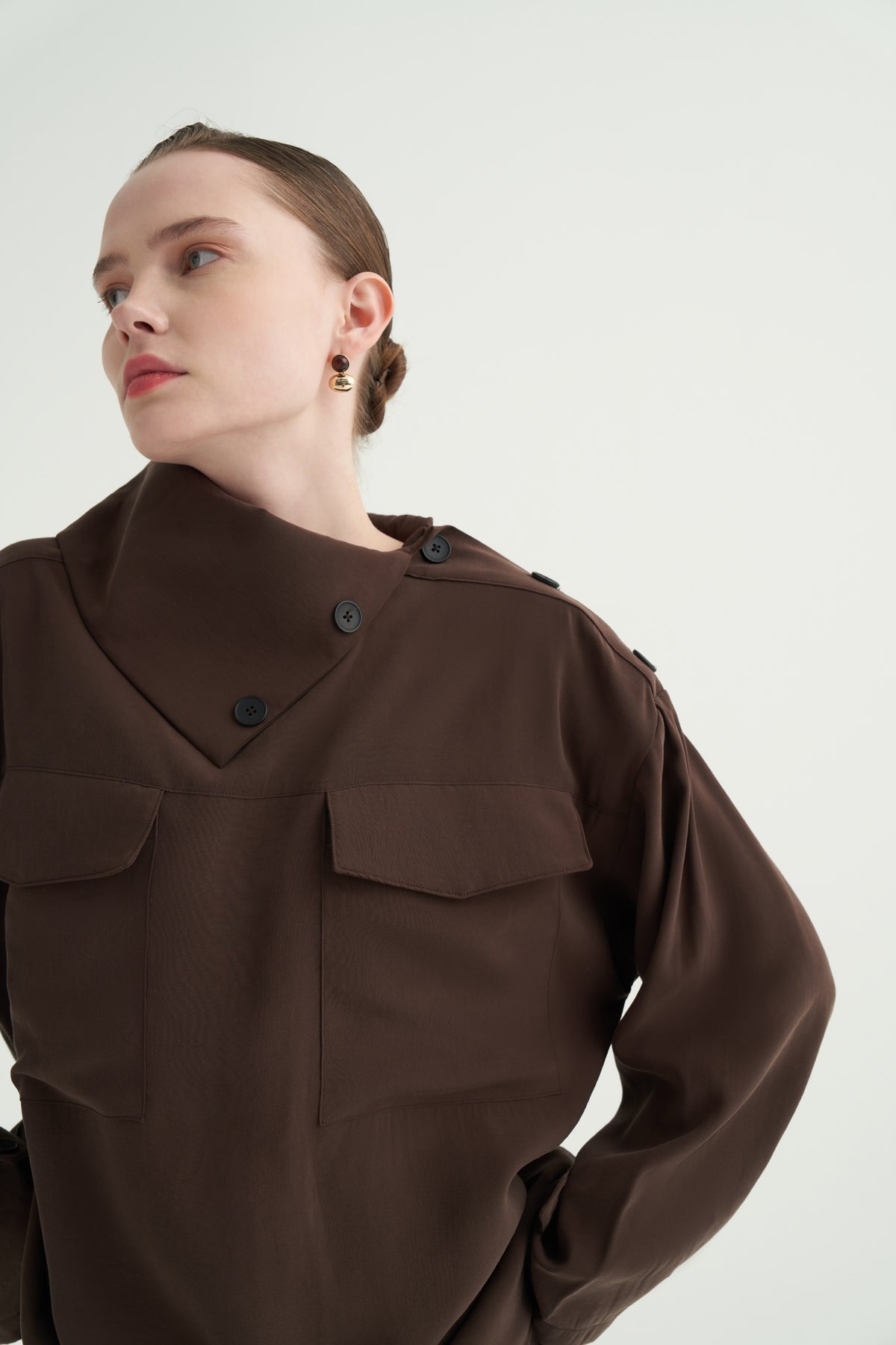 Kadın Modal Düğmeli Bluz Kahve