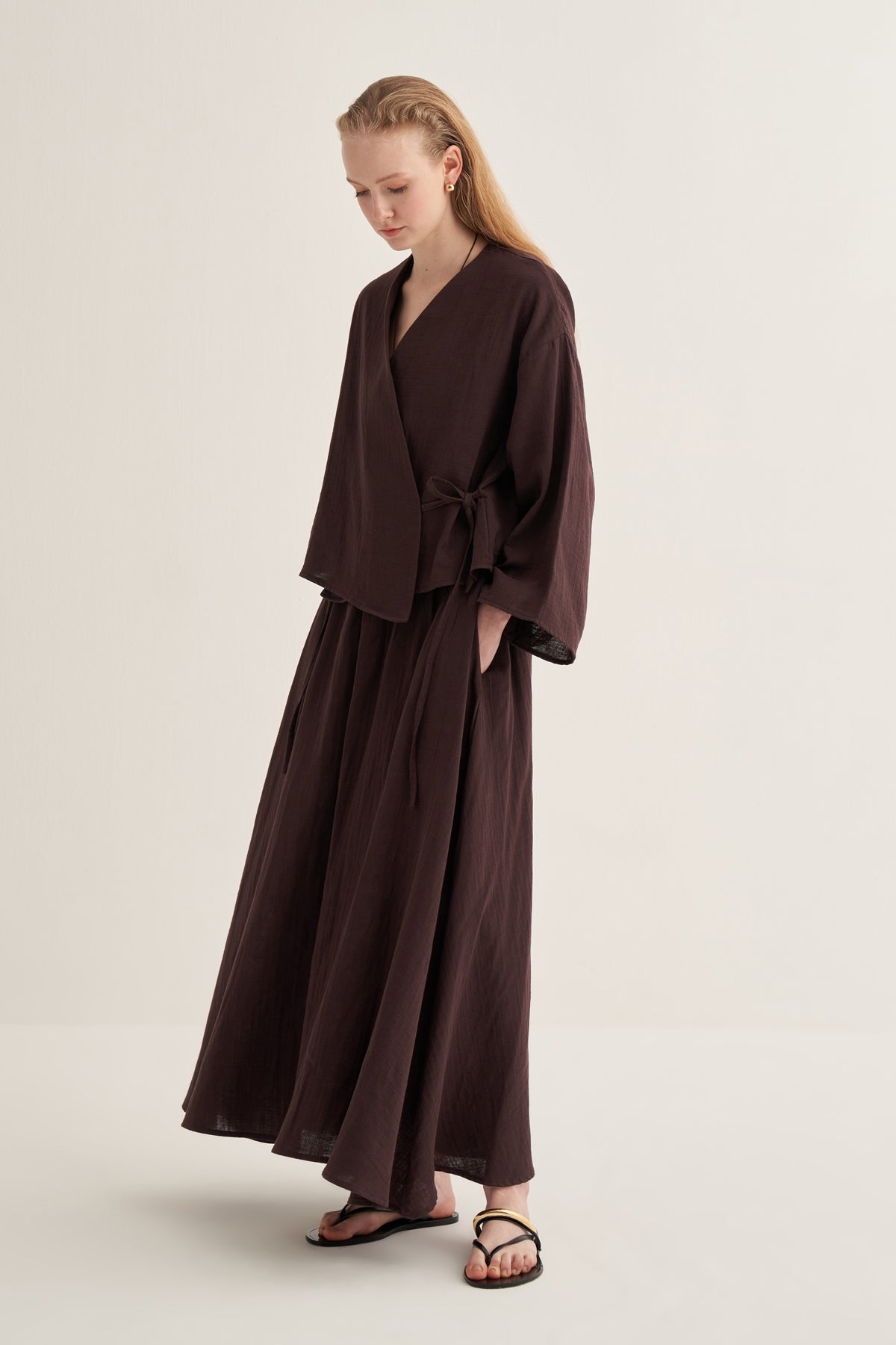Kadın Müslin Kimono Etek Takım Acı Kahve