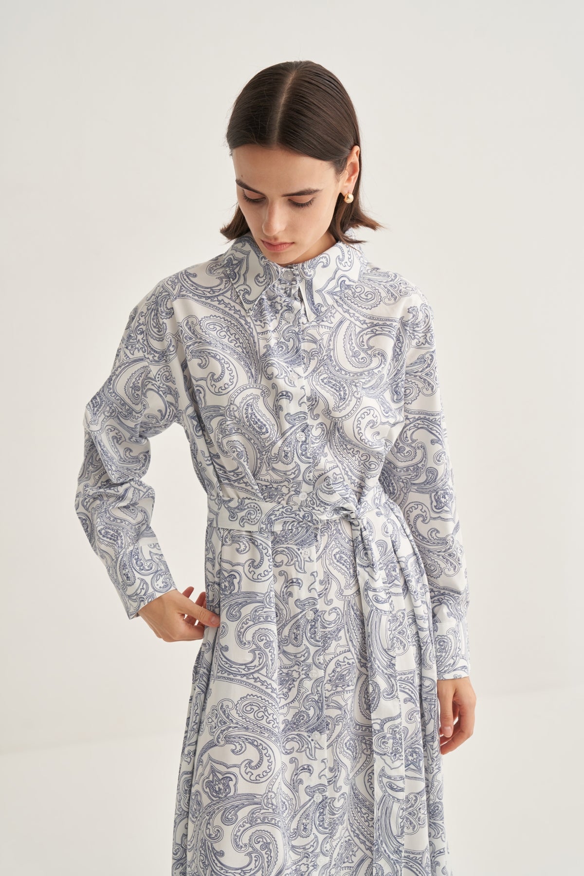 Kadın Poplin Gömlek Elbise Paisley Desen Lacivert