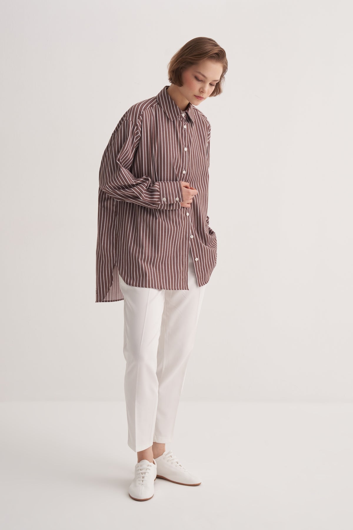 Kadın Poplin Oversize Robalı Gömlek Çizgili Kahve