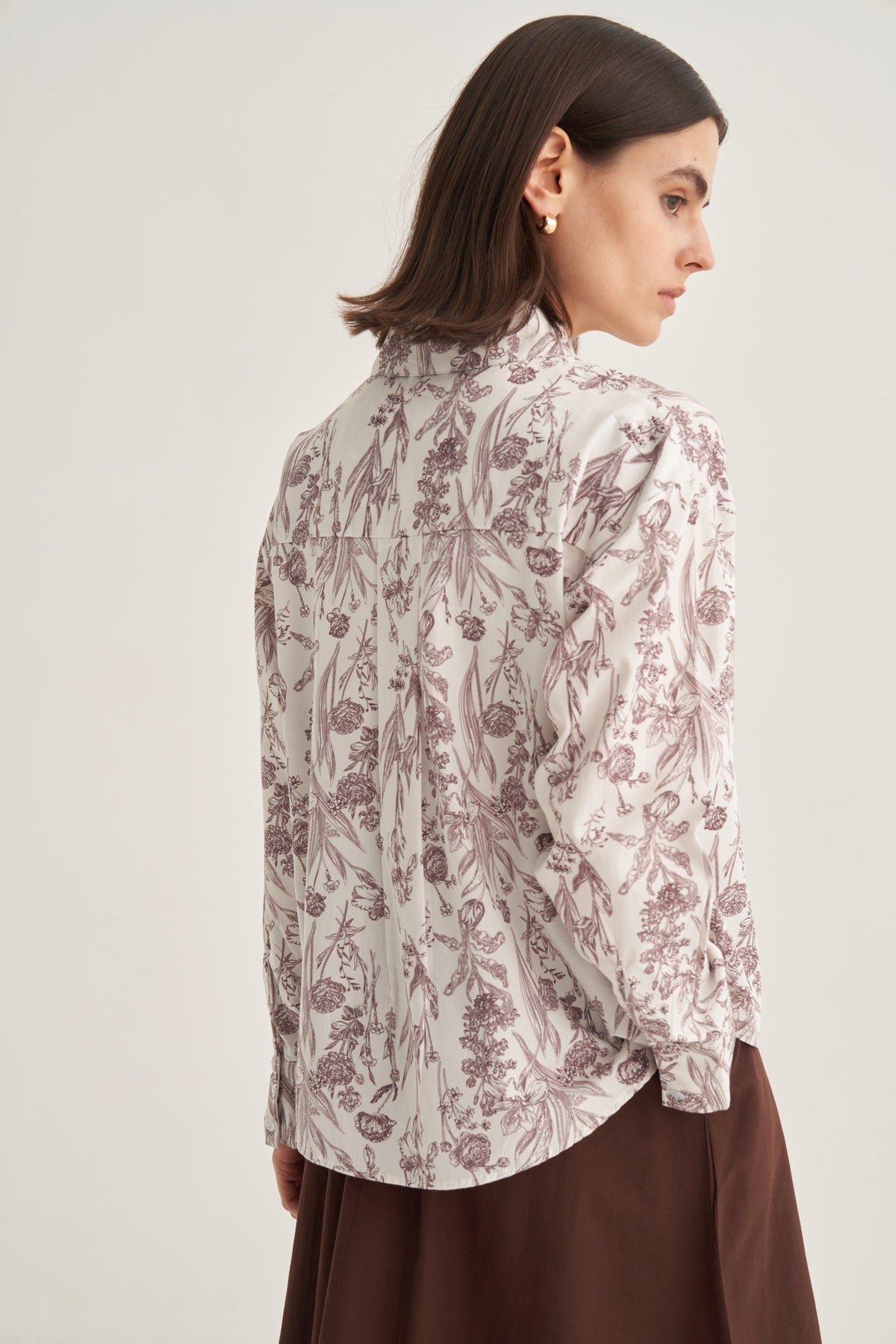 Kadın Poplin Oversize Kısa Gömlek Garden Desen Kahve