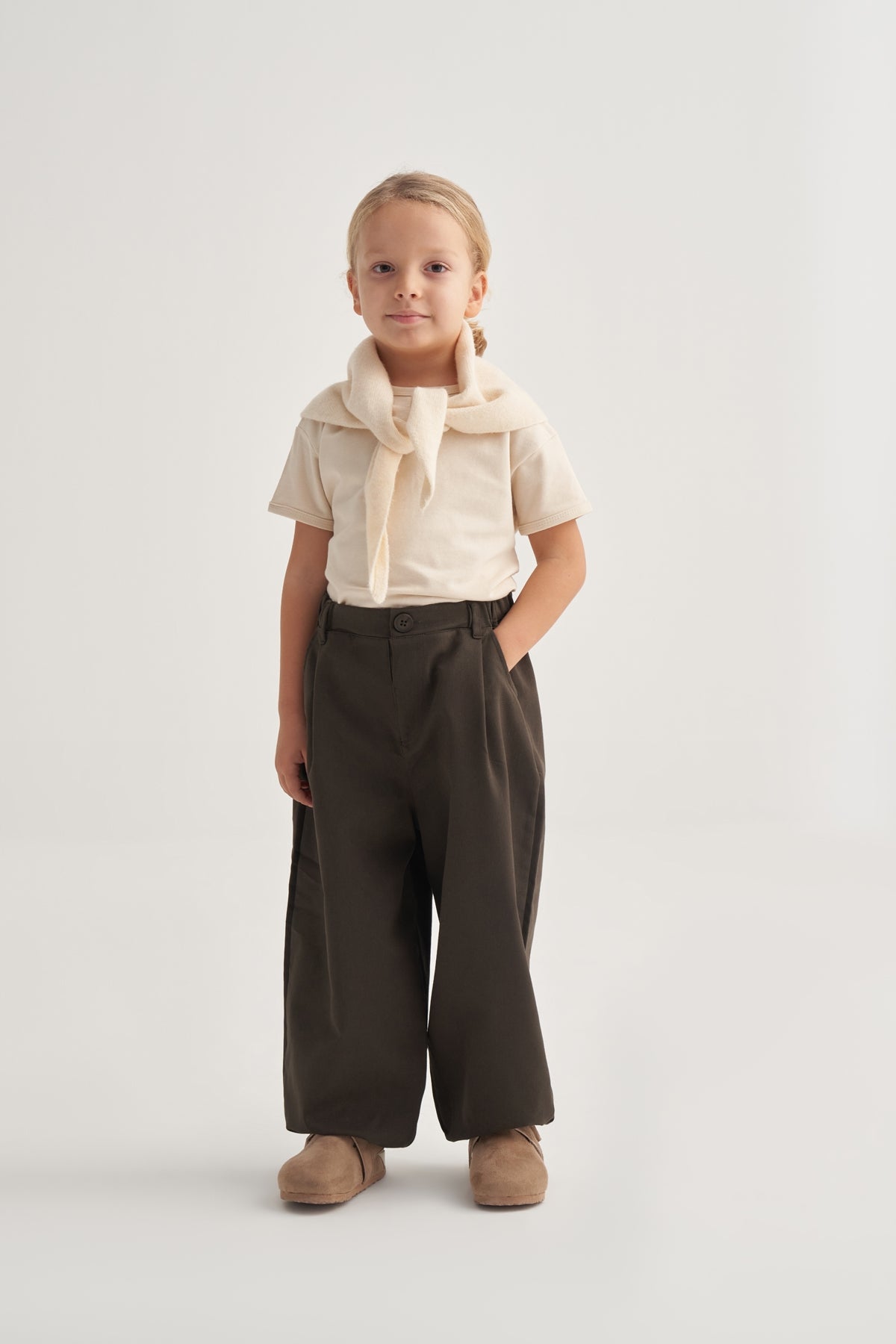 Unisex Çocuk Gabardin Paça Detaylı Pantolon Haki