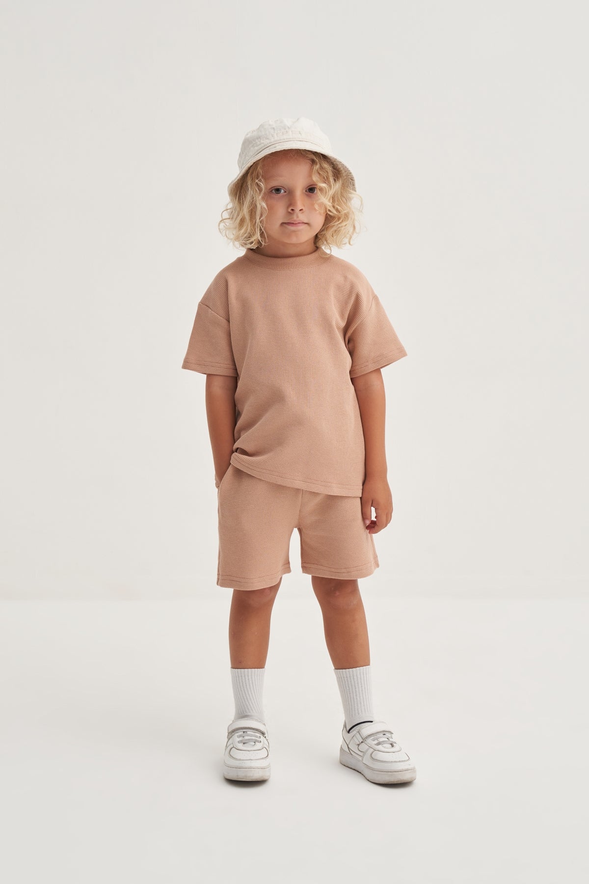 Unisex Çocuk Örme Waffle Takım Vizon