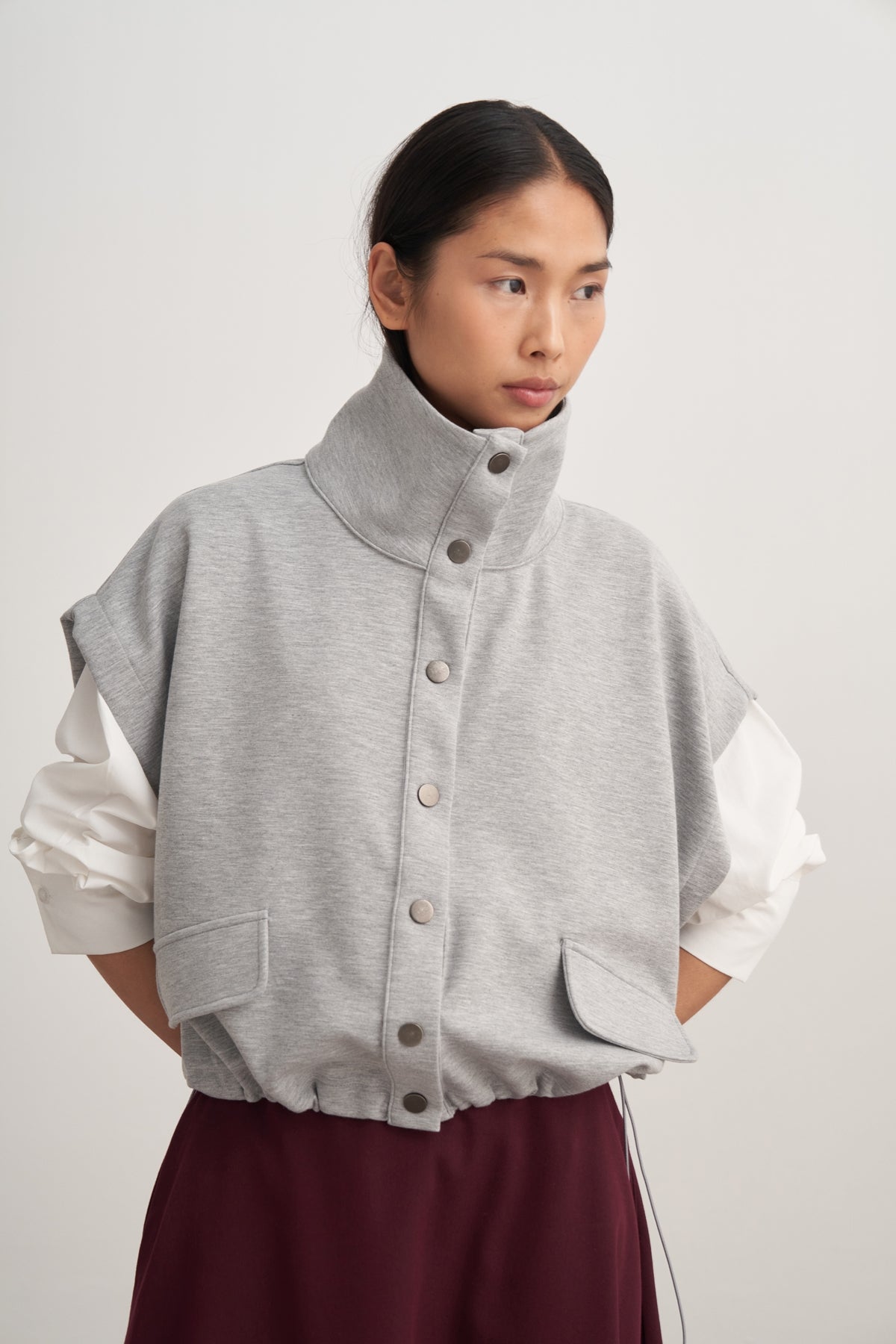 Kadın İnterlok Yüksek Yakalı Yelek Gri Melanj