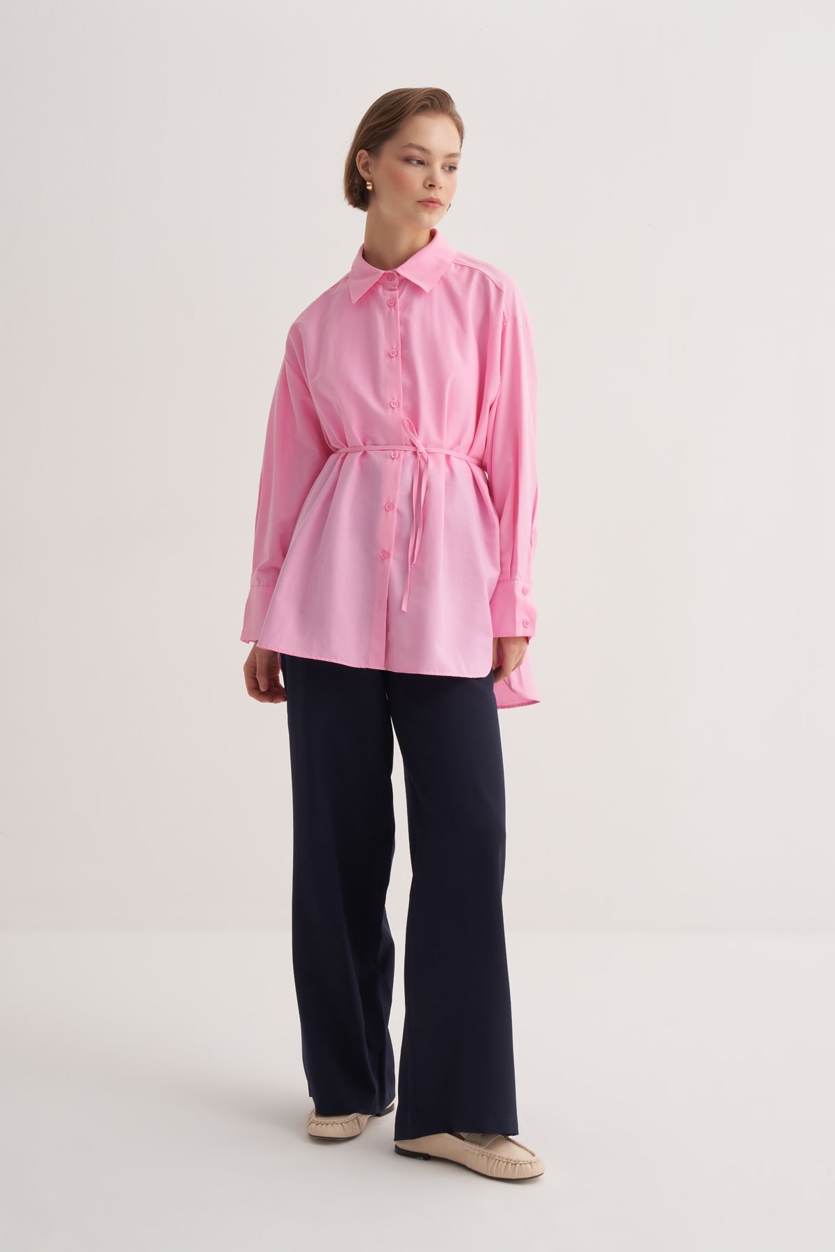 Kadın Poplin Oversize Robalı Gömlek Açık Pembe