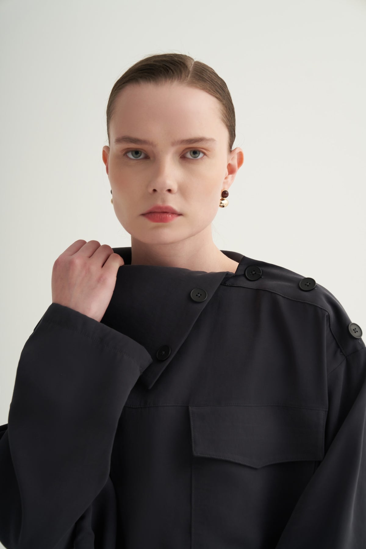 Kadın Modal Düğmeli Bluz Füme